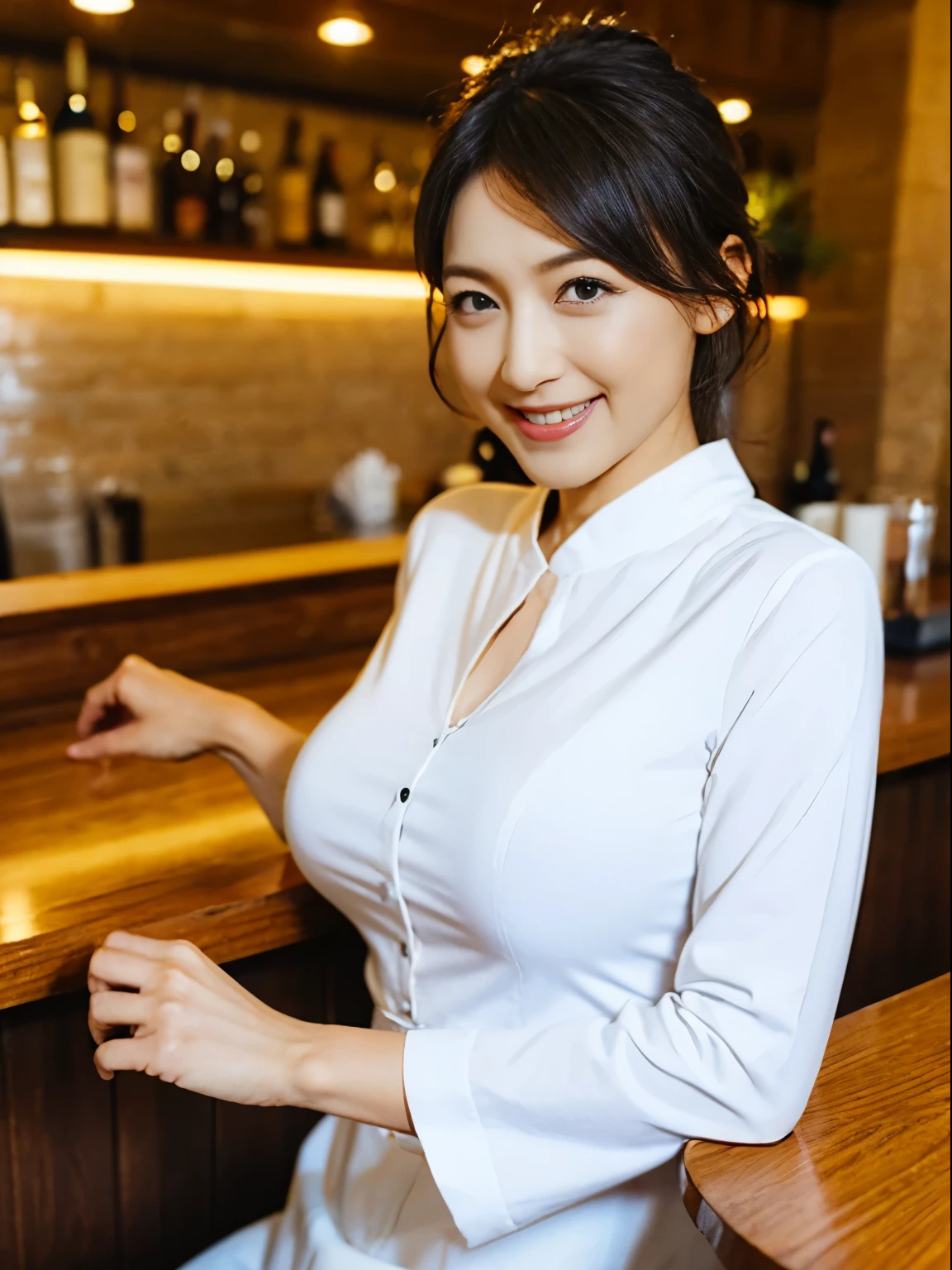 40 year old woman、Sitting at a bar,bar counter、super huge 、bust、Nurse、adult woman、lecherous、smile、drinking beer、photographic、Realistic、Beauty、Japanese