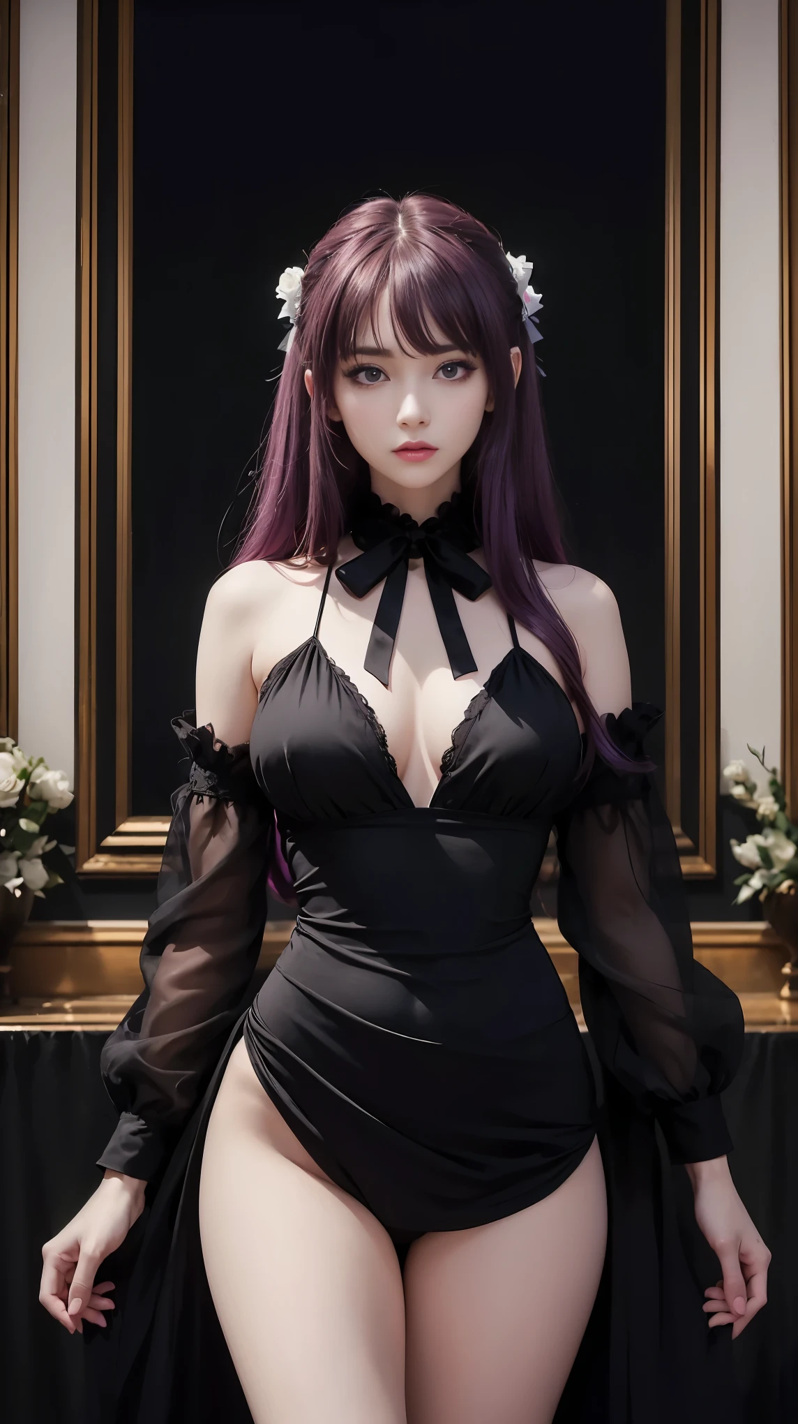 ((masterpiece, best quality)),best aesthetic,1girl, solo, long hair, sexy intricate skimpy see-through black dress, flower, ribbon, black background, red hair, rose, hair ribbon, green eyes, long sleeves, white rose, closed mouth, black ribbon, upper body, cinematic lighting, big breasts and slender body, purple hair 