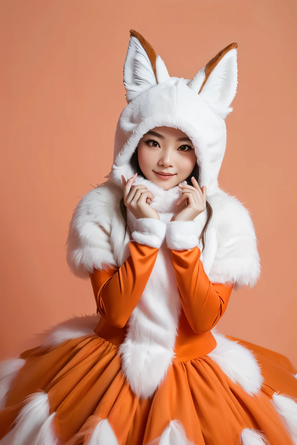 Masterpiece, one Chinese girl in a fox costume, solo, playful pose, soft pink and white elements, vibrant orange accents, realistic yet whimsical design, fluffy ears, bushy tail, white background.

The image captures the girl in a playful stance, her costume a blend of soft pink and white, the colors elegantly contrasting against the vibrant orange accents that mimic the fox's natural coloring. The costume is meticulously designed to be both realistic and whimsical, complete with fluffy ears and a bushy tail that add to the charm. The stark white background ensures the costume's colors pop, drawing all attention to the girl and her en