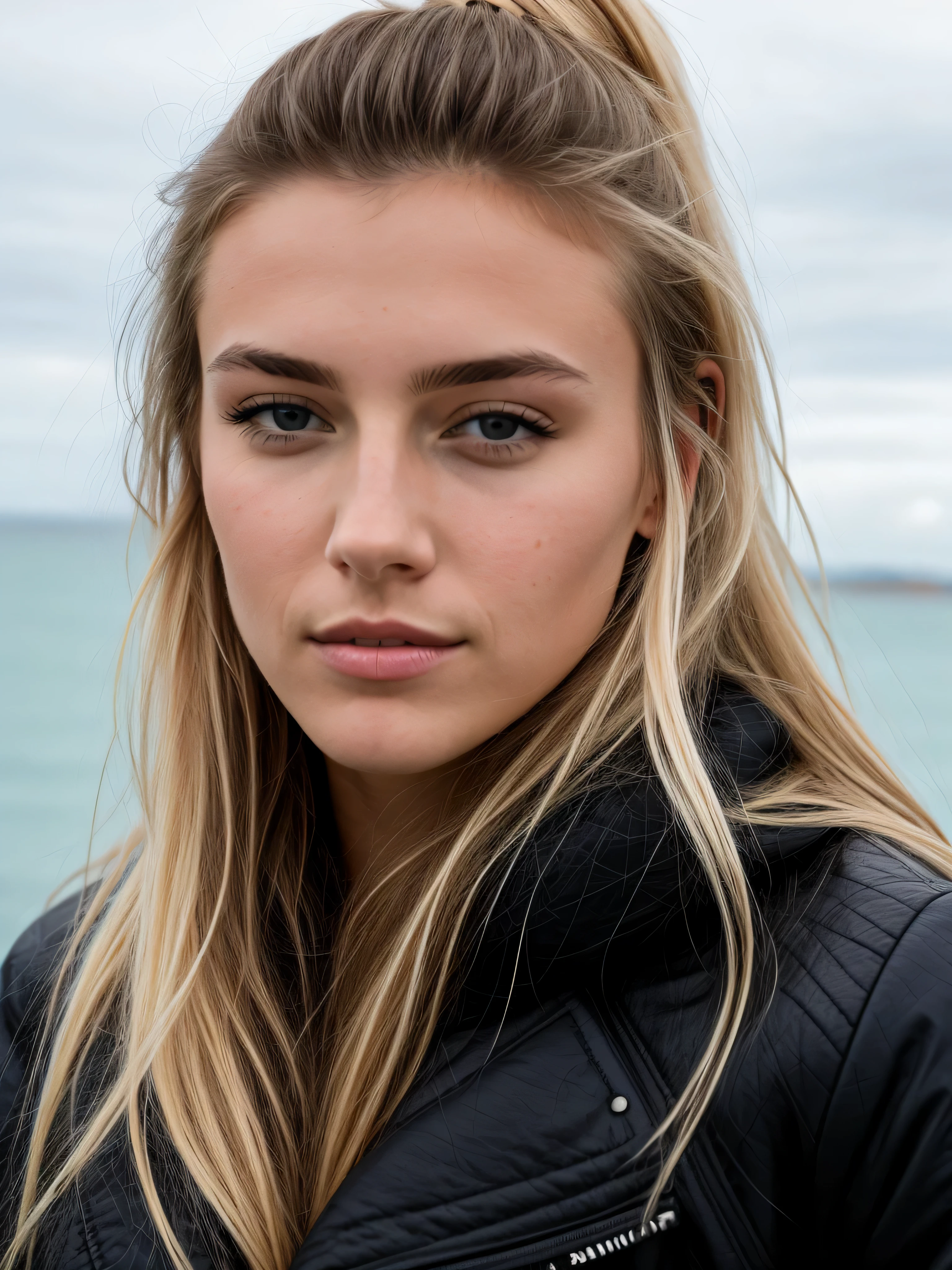 une femme blonde de 23 ans prend un selfie en plein air, we see the sea in the background, la mer couvre tout le fond, temps un peu nuageux ombres douces, 50mm f/2.8, Photorealism, Blonde Hair with Light Brown Roots, cheveux blond, Cheveux avec des racines brunes, Very long hair, hair tied behind the head forming a ponytail, yeux bleus, belle femme, vue de face, Extreme close-up of the face, zoom sur le visage, un blouson d'hiver noir en cuir, une capuche avec des poils, high quality, selfie, profondeur de champ courte