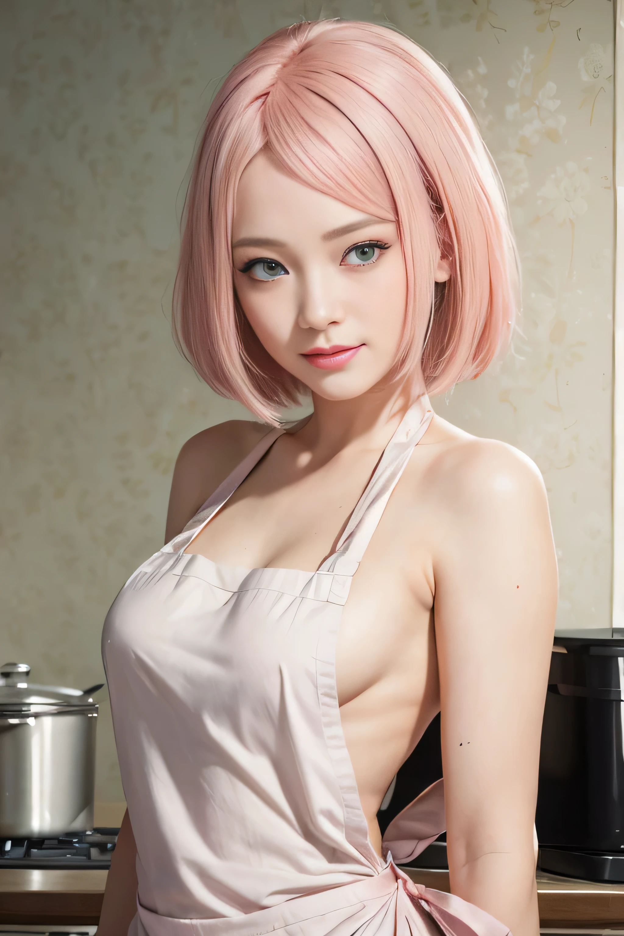 masterpiece, best quality, (realistic,photo-realistic:1.4), (RAW photo:1.2), extremely detailed CG unity 8k wallpaper, delicate and beautiful, amazing,finely detail, official art, absurdres, incredibly absurdres, huge filesize, ultra-detailed,extremely detailed eyes and face,light on face,(little smile),sakura haruno,(pink hair:1.4),short hair,(wearing apron:1.4),(kitchen background:1.4),green eyes