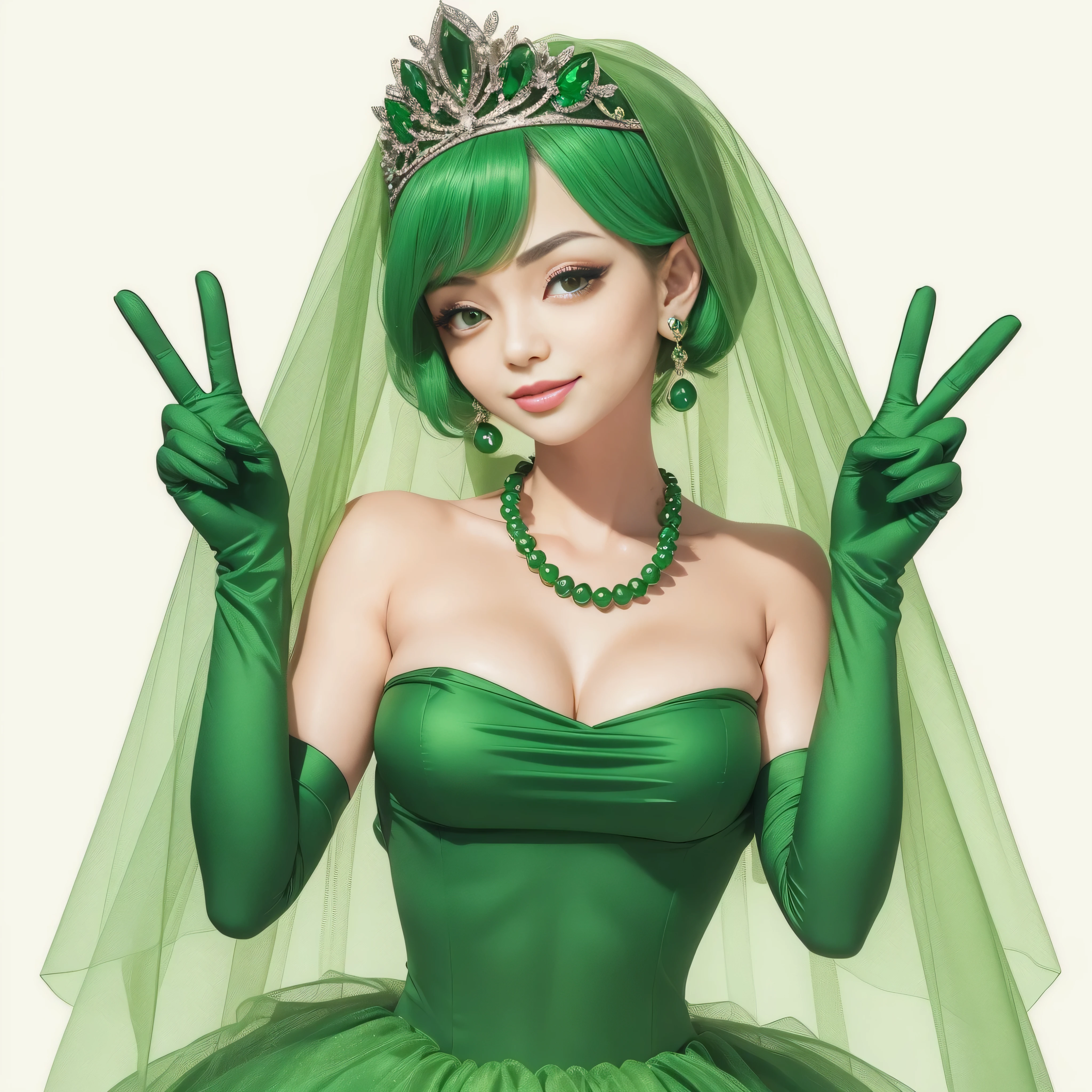 emerald tiara, green pearl necklace, boyish very short green hair, lipstick, smiling Japanese woman, very short hair, big breasts beautiful, green eyes, Long Green Satin Gloves, green eyes, V sign, emerald earrings, green veil, green lip gloss
