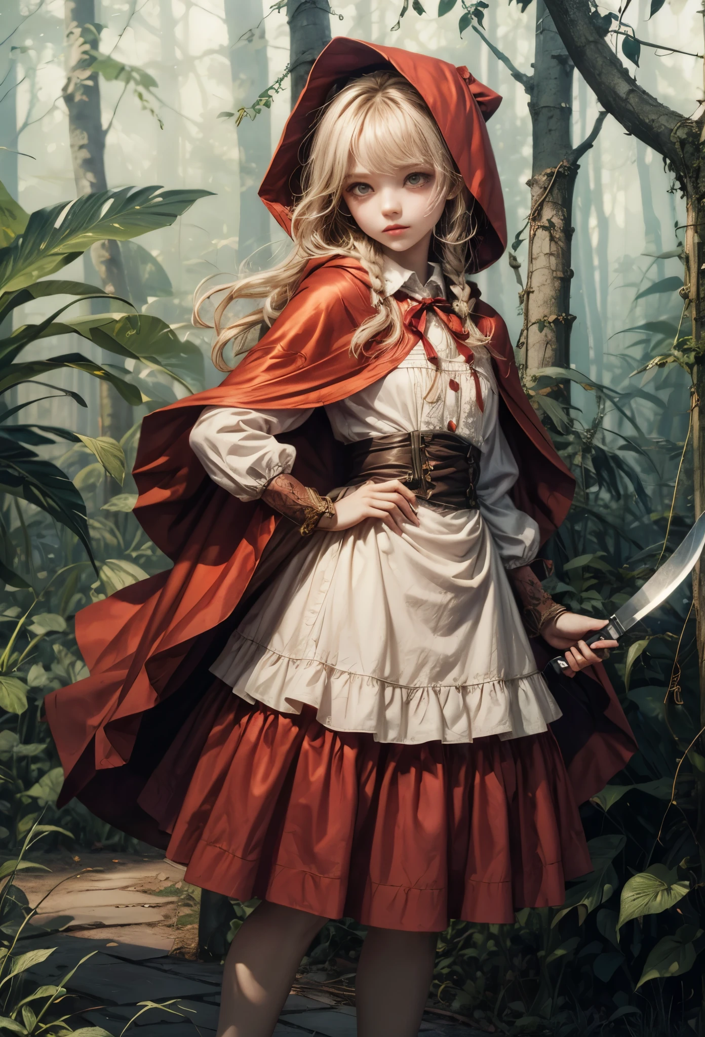 ((Highly accurate drawing in every detail)Extremely precise depiction)[High resolution],(detailed illustrations,とてもfineで緻密な描画,Delicate drawn lines with tempo,Realistic texture expression),[color traced main line],[deep nordic forest],((irish girl) Beauty 13 years old) [braided hair] Medium build, medium height,((Little Red Riding Hood)apron dress[(frills) ribbon]) [Meat cleaver],gravure[[bizarre atmosphere]gothic horror],(Fine and beautiful skin expression [transparency]),Precisely drawn eyes[完璧な目のdetailed(Iris drawn in minute detail)(Beautiful eyes like jewels)],[eyes light[Pinpoint lighting for the eyes]],[long and beautiful eyelashes],[precisely drawn hair [美しく艷やかな髪のdetailed]],(完璧な手のdetailed [Beautiful fingers with no damage [beautiful nails]]),(perfect anatomy(perfectly balanced proportions))[[full body portrait]],[ideal color coordination(Accurate simulation of light and material interactions)],([Precision Detail](detailed,高fine)),[[Pale and gentle colors]][Visual art that tells a story] [[Eros in the Natural Body]],((highest quality)fine[[High density drawing]])(4K Quality).