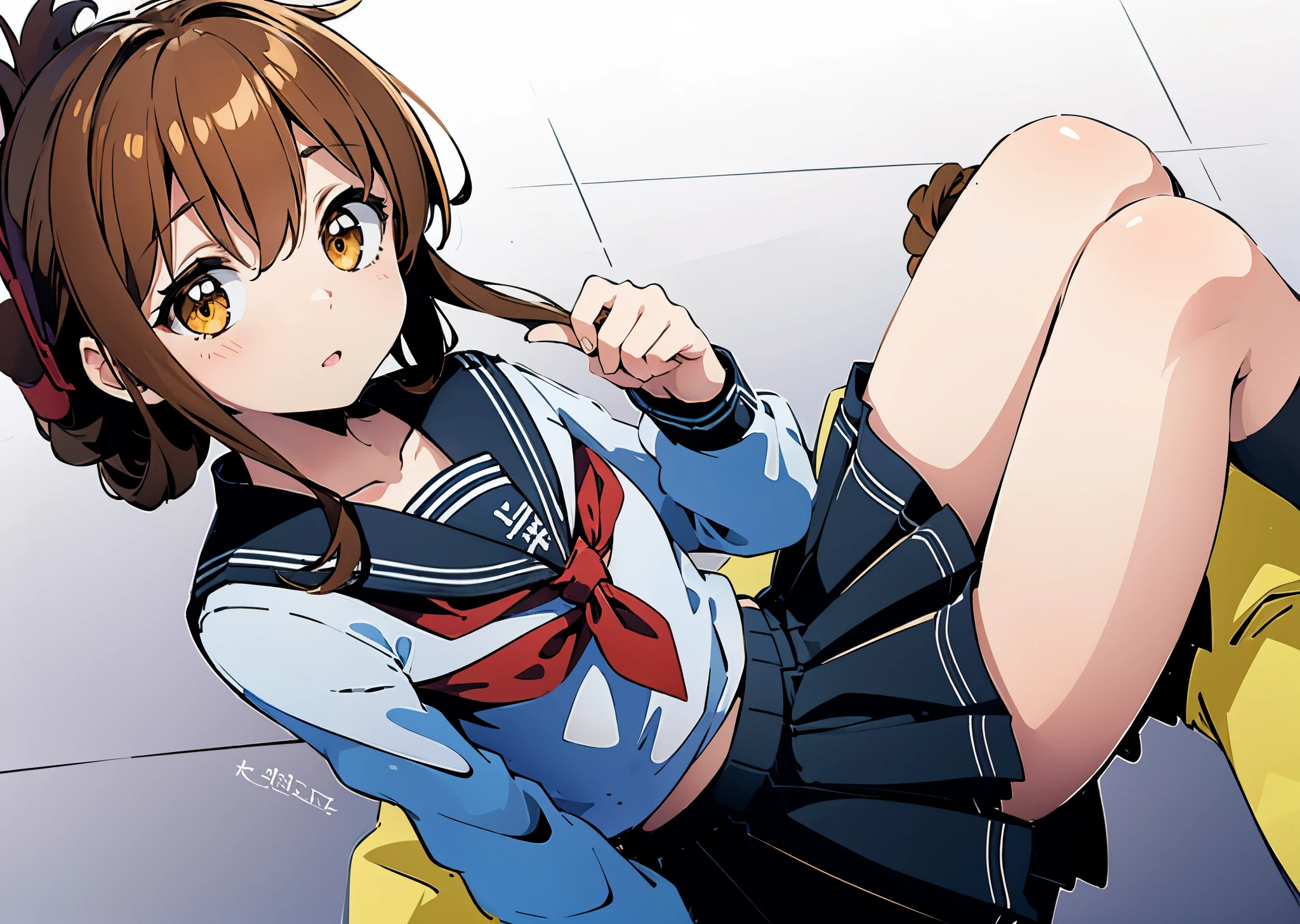 (masterpiece, best quality:1.2),illustration,8k,hd,1girl,solo,upper body,(portrait:1.2),brown_hair,folded_ponytail,brown_eyes,serafuku,long_hair,school_uniform,skirt,pleated_skirt,