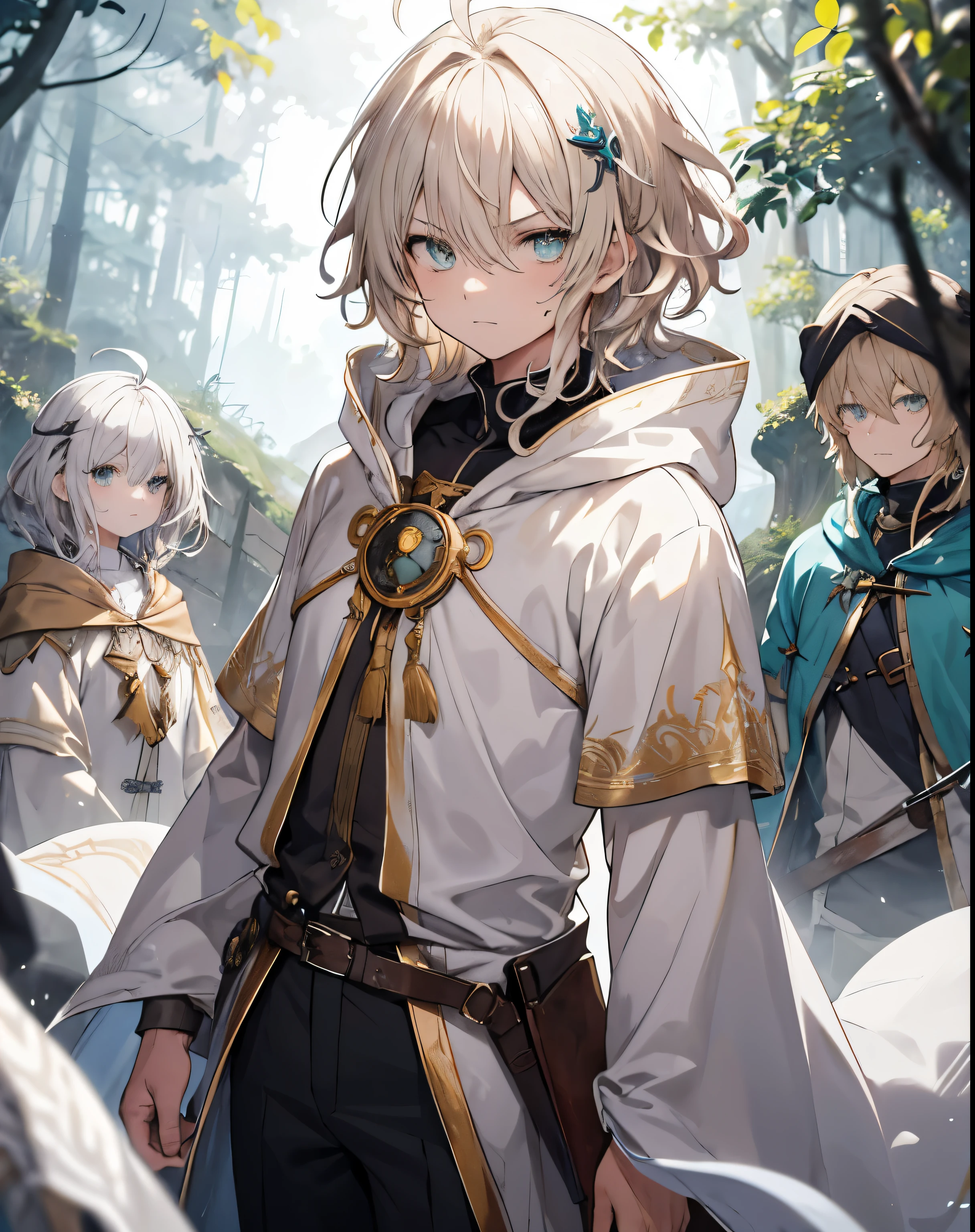 masterpiece, 1men, sparrow, a silver blonde haired men, wearing a medieval villager clothes, curly medium hair, messy hair, slim body, wearing golden capelet with white hoody, he close her left eye, shirt ornament, angry expression,  aqua eyes, stand at forest, ahoge, he wearing her hoody, 