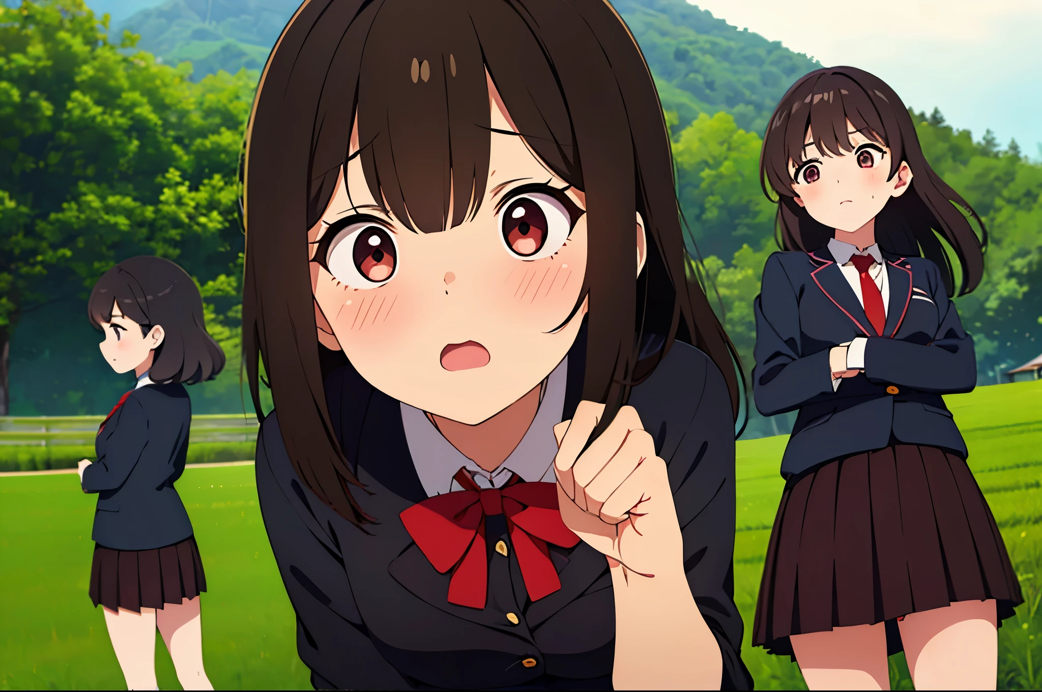 (Three Women:1.5)　,dark brown hair,black hair,（nose blush:1.7） ,surprised,open your mouth,(school uniform),（Panties are fully visible:1.7),(extremely high quality),（red mini skirt）,nature,Paddy field,countryside,（big droopy eyes:1.5）,（round eyes:1.5）,Shiny legs, thighs,cute face,（look up from below）,tall,（night）