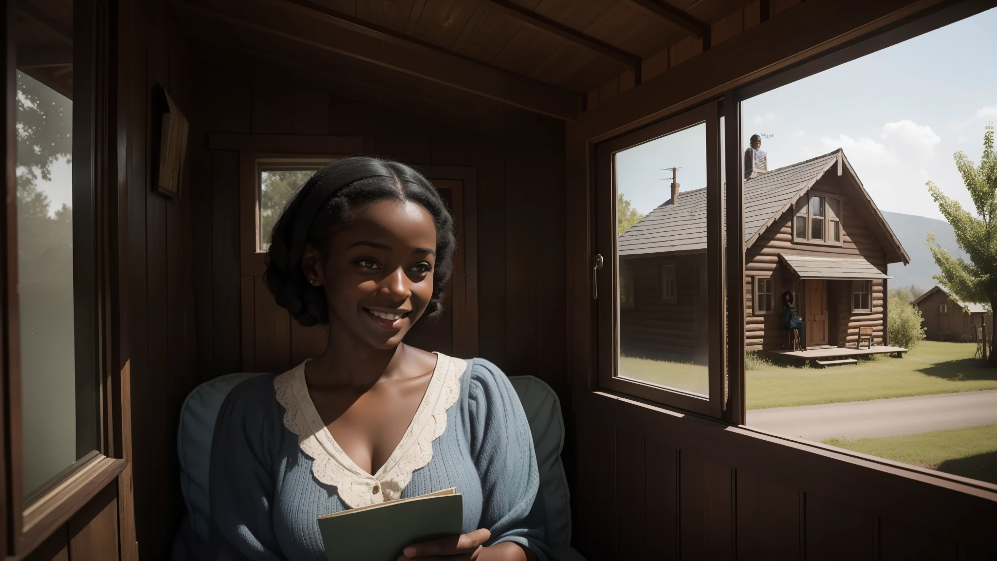 The scene shows a dark-skinned woman in the window of a wooden house from the 1940s., she is reading a letter and smiling, the photography is vintage and refers to hope, She waits for a soldier who is coming from the Second World War