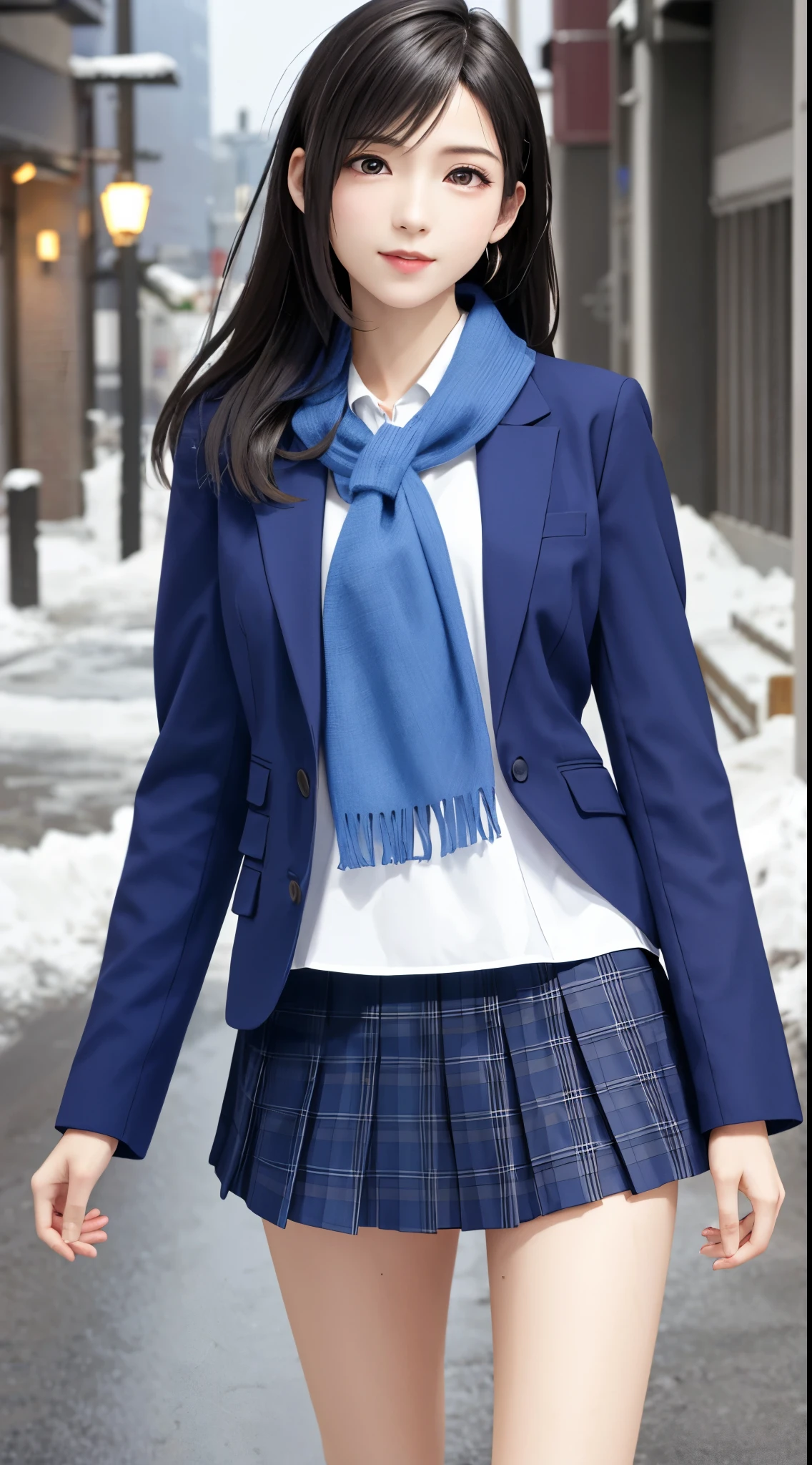 (top quality, masutepiece: 1.1), (Realistic: 1.3), (photoRealistic: 1.3),wallpapers, BREAK (((FF7,Tifa_lockhart))),(((Thick loose knit scarf))),(((Japan jk uniform,Navy Blue blazer,school shirt,long-sleeved,Navy Blue Plaid Pleated mini-Skirt,Dark blue short socks,loafers))),((Hair is inside the scarf)),(background big city,shibuya:1.1,hard snow:1.3,neon:1.2),Cinematic lighting,city light at night,(gravure pose:1.3,nogizaka idol),Ultra-detailed face, Detailed eyes,Red eyes, BREAK (((FF7,Tifa_lockhart))),(black brown hair, Large breasts: 1.0), BREAK , About 18 years old,kawaii,sensual,looking at viewer,Beautiful legs,walking,wet body:1.3,Heavy snow  , In the snow,Snow falls