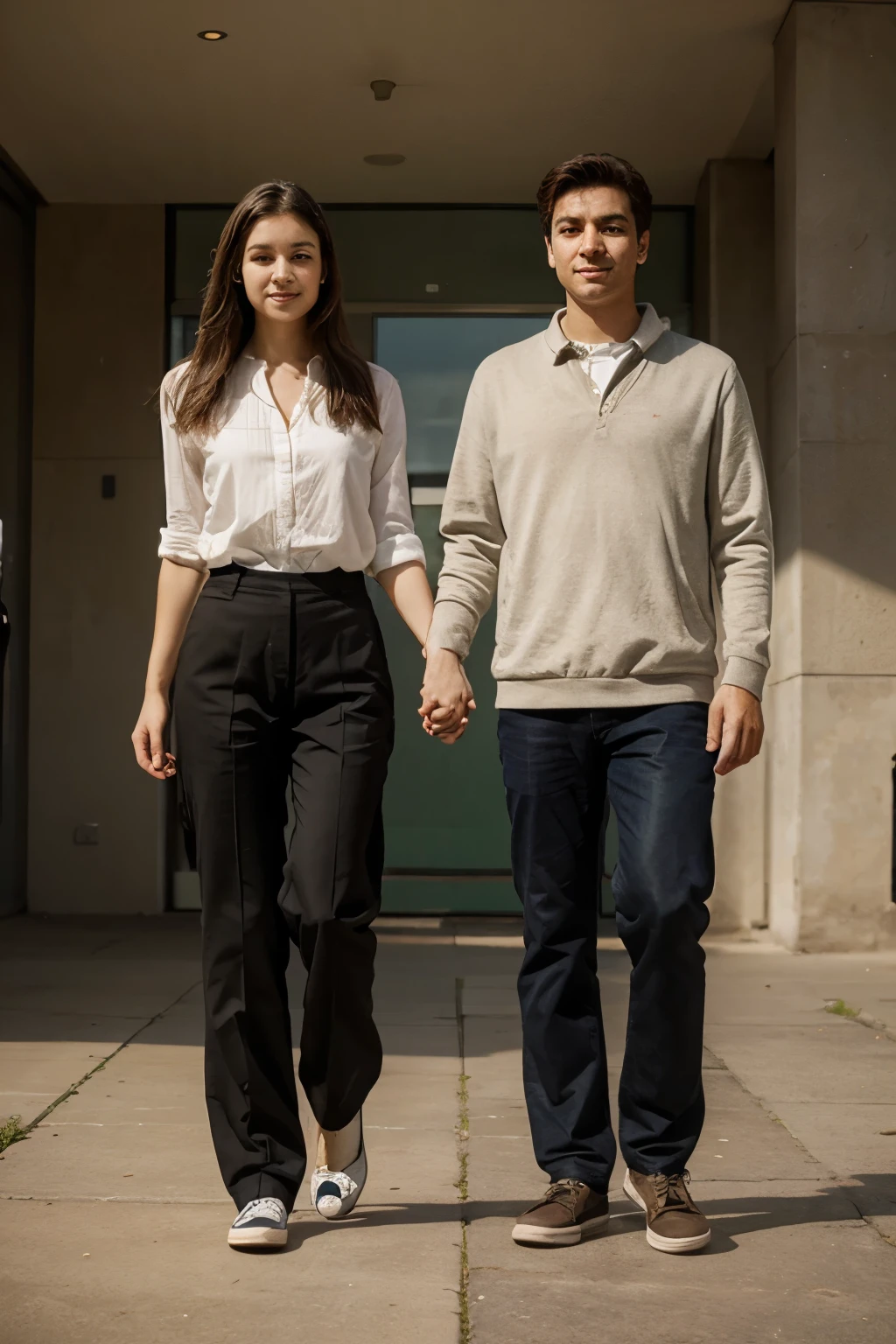 Pair, realism, stand upright, faces clearly, holding hands 