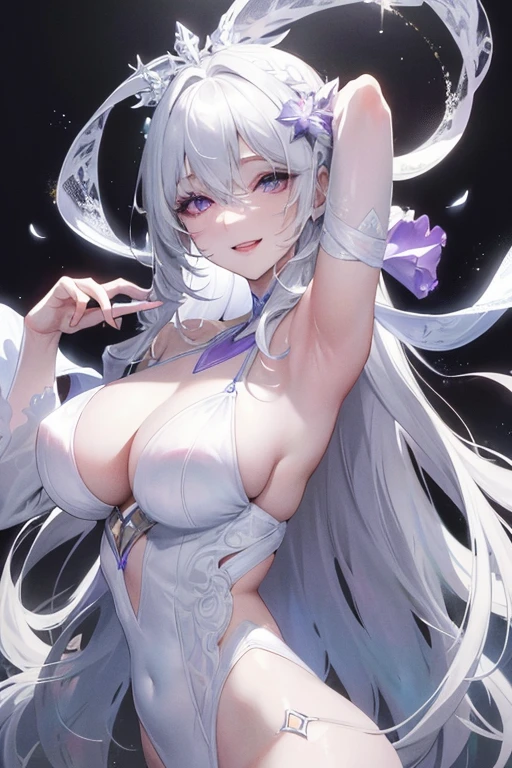 Official fine art,masterpiece,sharp focus,exquisite beautiful hair、eyes and face,realistically,super detailed,a beautiful girl,Glowing white particles,(side light:1.2),Sunlight,Detailed cloud,thin and long,Toothy smile,((smile and open your eyes)),landscape,long, straight hair, sexy facial expression,, dynamic hair, long, straight hair, Delicate white hair, glowing purple eyes, (white swimsuits), pale skin, hair accessories, 史诗般的landscape,sexy pose