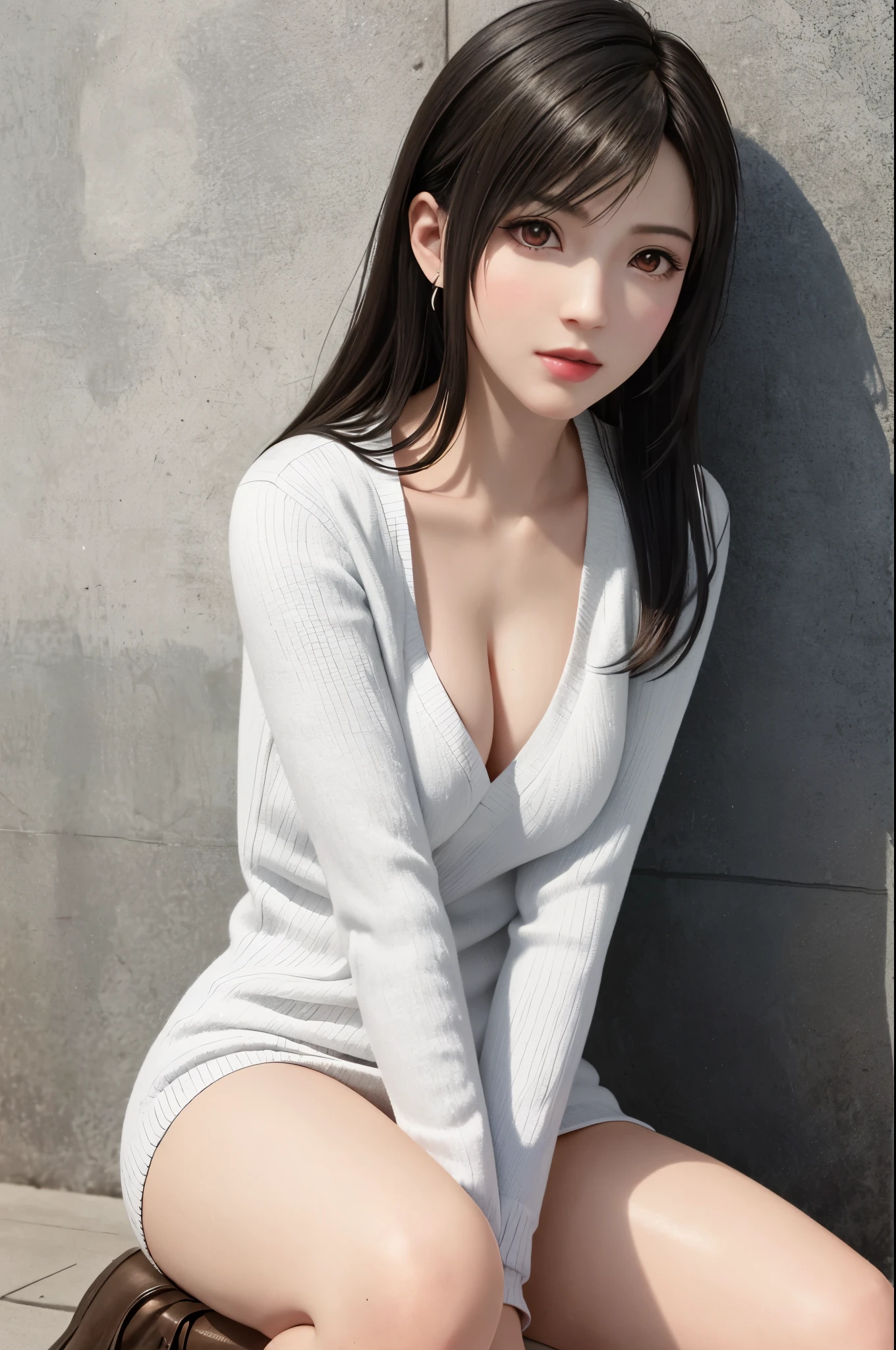 (top quality, masutepiece: 1.1), (Realistic: 1.3), (photoRealistic: 1.3), BREAK (((FF7,Tifa_lockhart))),(solo,Tifa:1.2),(loose knit sweater dress:1.3,oversized sweater:1.3,long sleeve:1.2,white),(short pants),(tight very long boots:1.2),(background big city,shibuya:1.1,night:1.3,neon:1.2),(model pose:1.3,nogizaka idol,crossed legs),Ultra-detailed face, Detailed eyes,Red eyes, BREAK (((FF7,Tifa_lockhart))),(black brown hair, Large breasts: 1.2), BREAK (no bra),(Small and beautiful hard nipple) , About 18 years old,kawaii,(face focus:1.0,face close up:1.0),sensual,zettai_ryouiki:1.1,looking at viewer,cowboy shot,behind wall