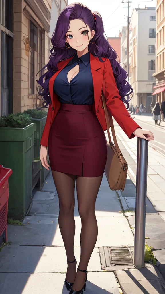 masterpiece, best quality, a beautiful woman in red jacket leaning against handrail on street with green folder tucked under arm, 1girl, full body, solo, white shirt, open collar shirt, brown skirt, breasts, long hair, cleavage, black pantyhose, formal, pencil skirt, navy high-heels, smile, ,sexy female teacher, purple hair, curl outward hair, wavy hair, right forehead hairstyle, long-slitted and narrow eyes, slender face, medium breasts