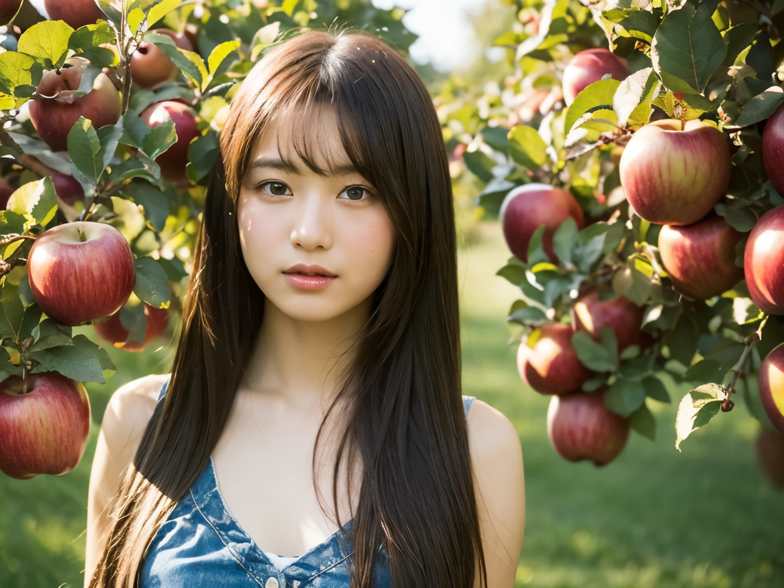 (best quality), (raw photo),(at the apple orchard), young Japanese girl,