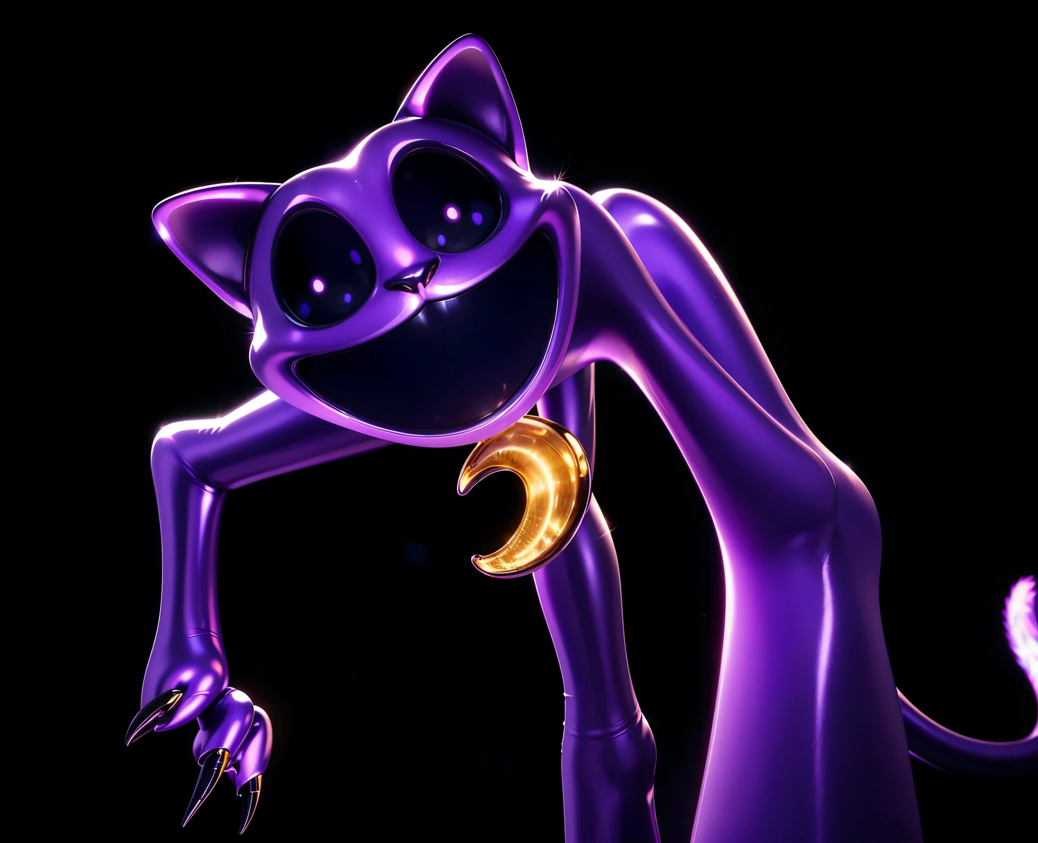 a close up of a creepy 3d cartoon cat with a tail, purple cat, nightmare render, with glowing dark eyes, cat from the void, anthropomorphic cat, purple glowing eyes, cheshire cat, evil., close up of a 3d glossy cartoon cat, purple cat toy, glossy texture, smooth 3d model, multiple light sources, rim light, sharp post effects render, (glossy metallic texture with multiple big light probe refractions), perfect cgi, anthropomorphic cat, digital art, detailed digital art, reflective, best quality, 4k, masterpiece:1.2, ultra-detailed, realistic, vivid colors, dark and moody lighting, The image of the highest quality, ensuring every detail showcased perfectly. It in 4k resolution, allowing viewers to immerse themselves in the richness of the colors and intricate details. The realistic rendering. under the spotlight, reflecting, high-resolution image, realistic rendering, dark background, and rim light