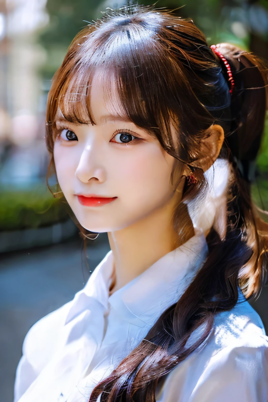 ponytail, hair flower, pupils shine, shy, surrealism, cowboy shot, UHD