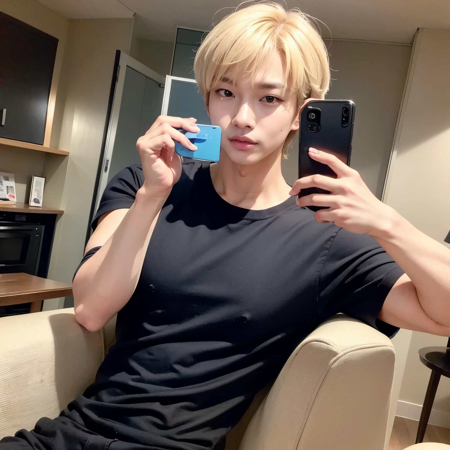 One young Men, wearing clothes, high Quality, Summertime, handsome Men, Asian Men, realistic, wearing T-Shirt, taking a selfie, korean, selfie, Kim taehyung, bts, blonde Hair, 