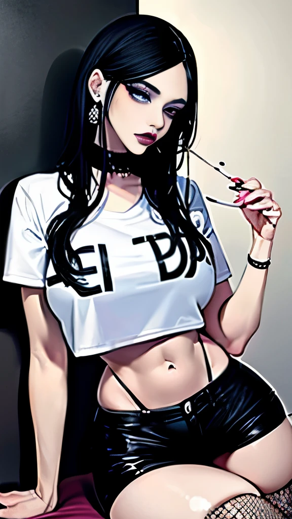 goth woman, (goth makeup), (white skin), (T-shirt and skinny mini shorts), (Show below ), (Fishnet tights), (navel jewelry), (earrings), (earrings唇), blue eyes, short messy cream yellow emo hair, (bedroom background), thick thighs, big breasts, (8K), (wallpaper), (dynamic lighting), (detailed face and eyes:1.2)、big breasts、(Car passenger seat)