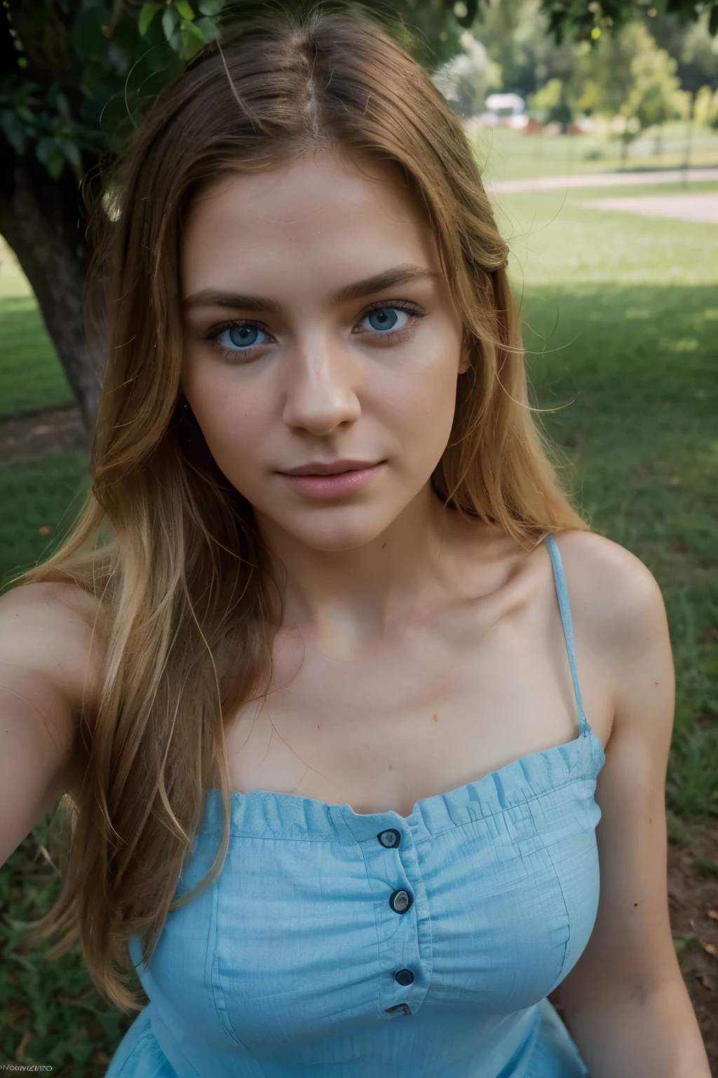 (selfie, top view: 1.4), a bit of distance away from camera, (straight half of the body: 1.4), RAW UHD portrait photo RAW, photograph,((best quality)), ((masterpiece)), ((realistic)), gorgeous european woman, 24 year old, (long blonde hair), blue eyes, at a park during the day time, innocent, (freckles:0.6), intricate details, highly detailed, sharp focus, professional, 4k, god rays, stunning blue eyes, delicate, innocent, highres, detailed facial features, high detail, sharp focus, smooth, aesthetic, extremely detailed, photo_\(ultra\), photorealistic, realistic, post-processing, max detail, roughness, real life, ultra realistic, photorealism, photography, 8k uhd, photography, SEMI-SILHOUETTE light, european face, instagram, viral instragram photo, full body