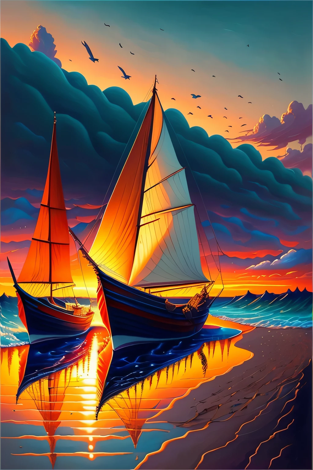 painting of fishermen's boats at sunset, several fishermen's boats anchored in the river and in the sand, reflection of the boats in the gentle calm river, small waves, bucolic art, 4k detailed painting, oil painting from a real image, painting epic, full of colors and rich details, canoes with fishing fish, 8K HD detailed oil painting, epic surrealism 8k oil painting