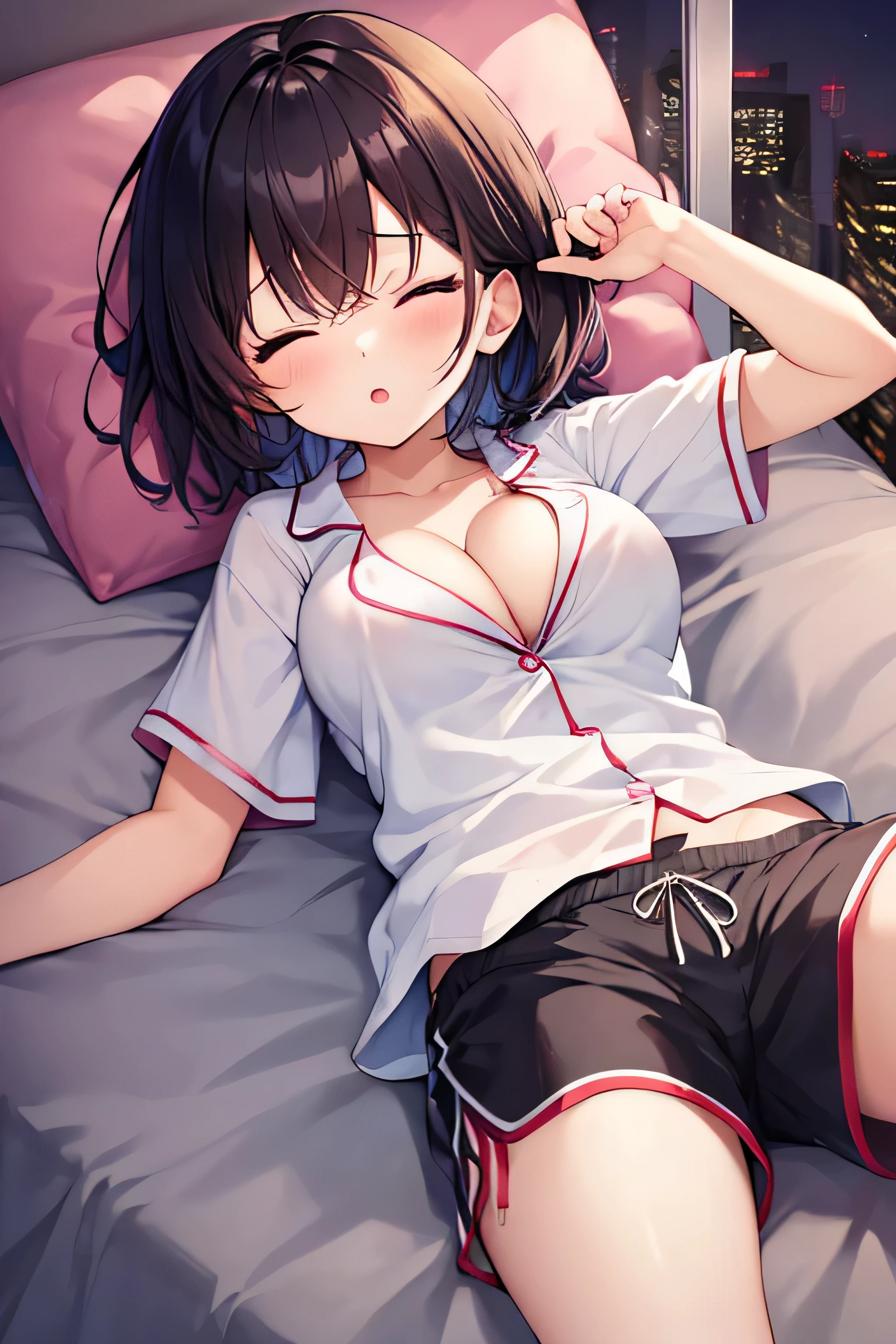 masterpiece、Highest image quality、ultra high resolution、NSFW、Sleep rape、big breasted girl、short hair、red face、Please open your mouth just a little、Pajamas that show cleavage for elementary schoolrts for elementary school girls、Sleep face both eyes closed、In the bedroom at night、at night