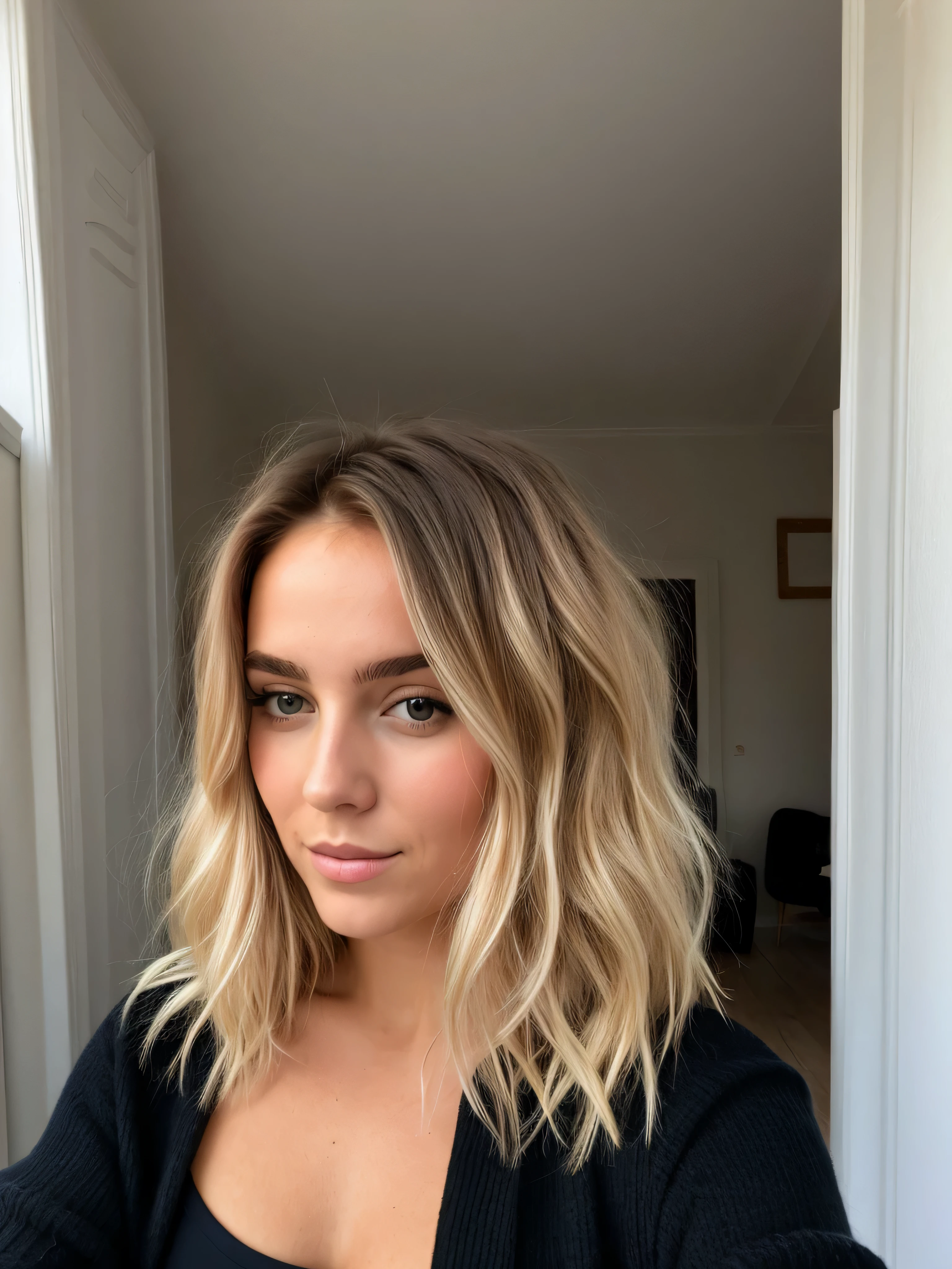 une femme blonde de 23 ans fais un selfie en extérieur, on voit la mer en arrière plan, la mer couvre tout l'arrière plan, temps un peu nuageux ombres douces, photoréalisme, Cheveux blonds avec des racines châtain clair, cheveux blond, Cheveux avec des racines brunes, cheveux très longs, cheveux attachés derrière la tête formant une queue de cheval, yeux bleus, belle femme, vue de face, très gros plan sur le visage, zoom sur le visage, un blouson d'hiver noir en cuir, une capuche avec des poils, haute qualité, selfie