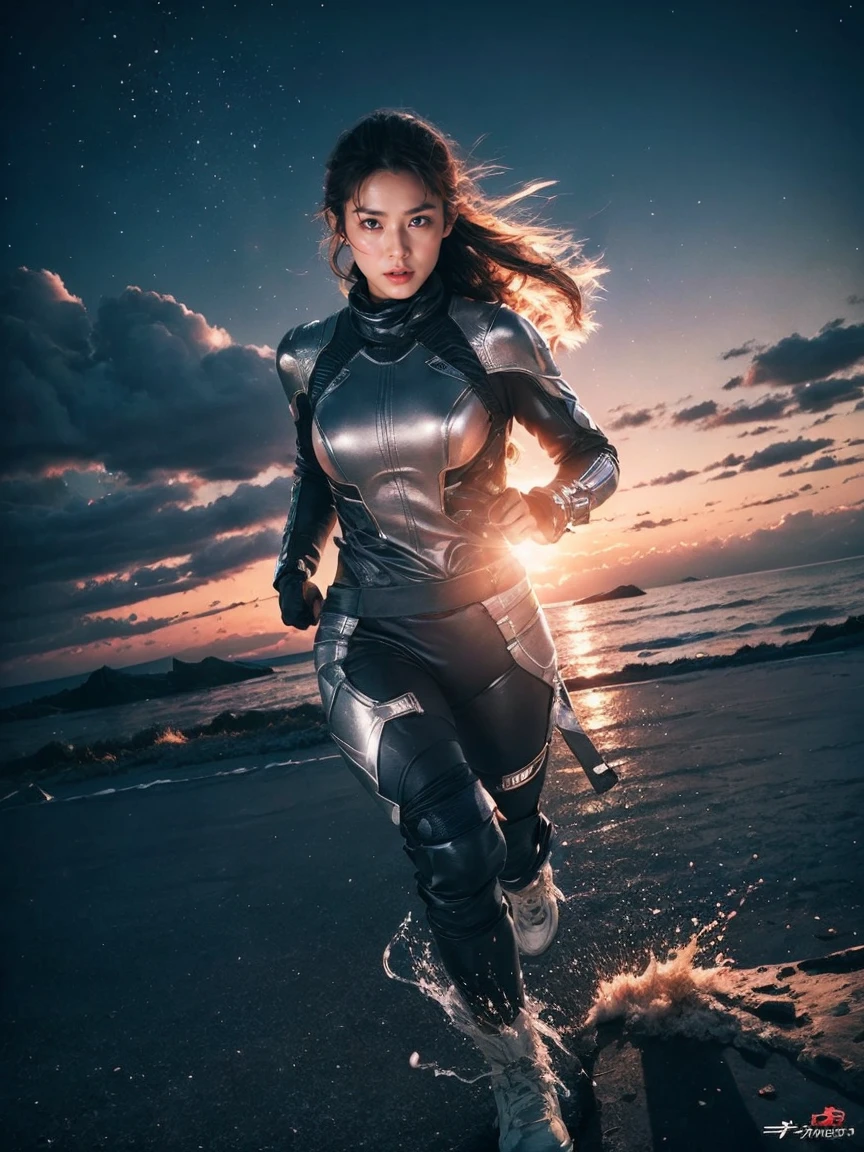 8K, highest quality, masterpiece, realistic, ultra detail, photograph, HDR, High resolution, cinematic light, official art, High resolution, Depth of written boundary,(running), girl1name、20-year-old, medium long hair,Take a full body photo、action pose,universe,cloudy sky、universe船、Starlight、thunder、lightning、 (Wind:1.8),