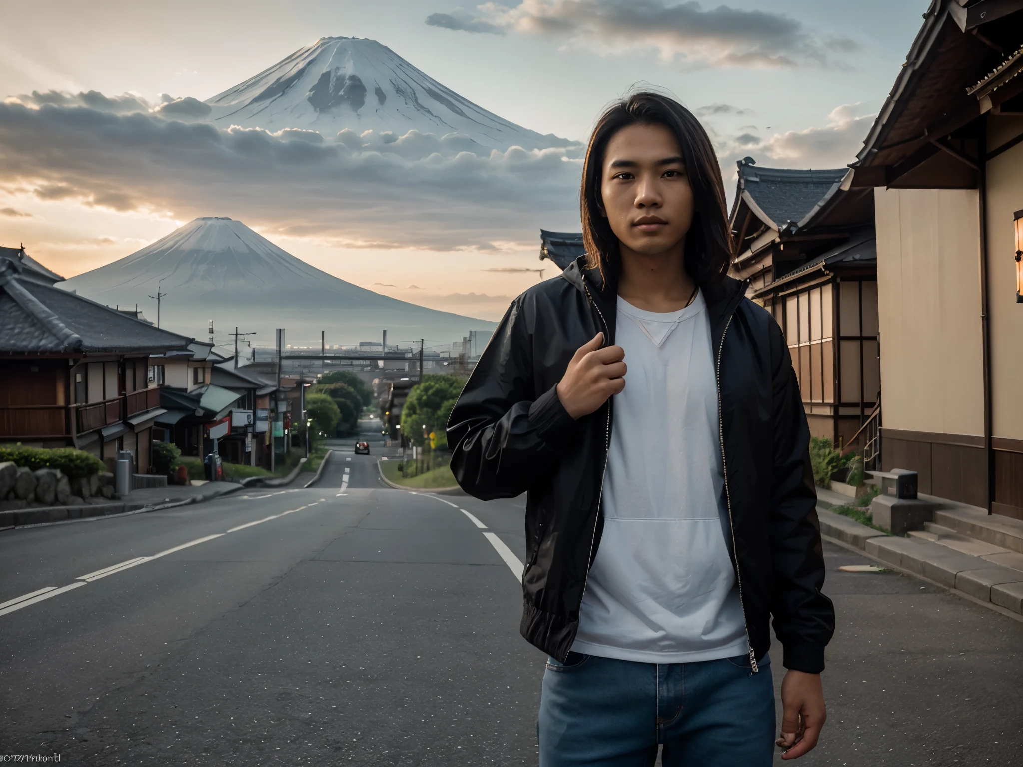 Indonesian man from West Java (25 years old, Asian face and clean, body not too thin, Indonesian-style skin, wearing a black hoddie jacket, jeans) standing like a model in the park around Mount Fuji, Japan, photo slightly tilted to the side, visible face , evening atmosphere, normal lighting, sunset light. hyper ultra HD, real photo, highly detailed, Realistic photography style, IOS 88MM lens, intricate details, photography, leica Hasselblad 200ms camera
