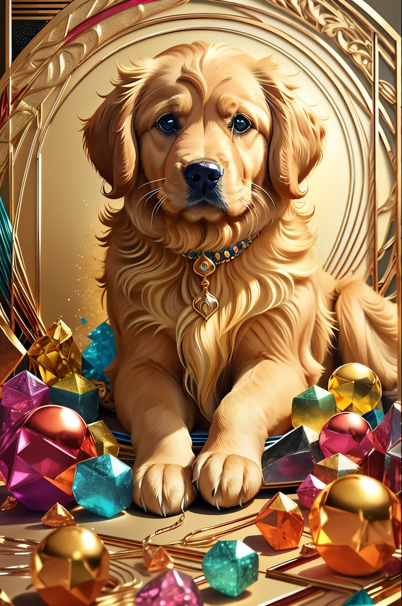 (golden retriever dog ),(feliz)),(2 leste)), Preenchimento Edward Cobra ,multidimensional geometric PORTRAIT wall, arte, Chibi,
Yang08k, Lindo, colorida,
obras-primas, maximum quality, melhor qualidade, arte oficiale, Lindo and aesthetic,