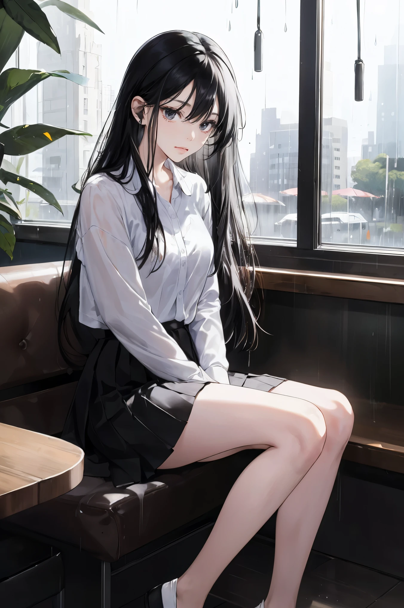 Masterpiece, high resolution young woman with long black hair Sitting at a cafe It's raining , beautiful black eyes You sit in an orderly manner. The atmosphere is quiet. wearing headphones over my ears. sad face Wear a cute white shirt. Wear a leg-length pleated skirt. staring at the window at night Skirt length to knees