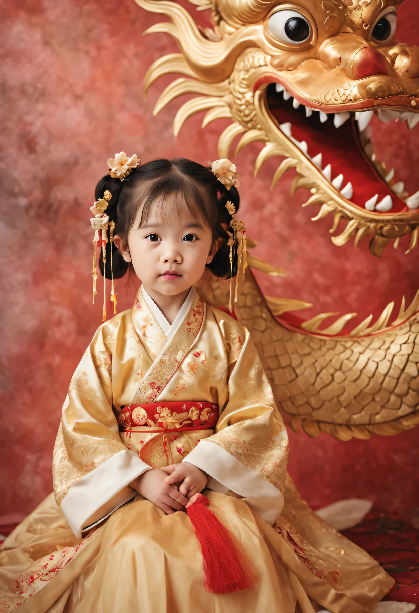 a 2 year old girl, Chinese new year wallpaper dragon and little girl,Chinese dragon,Surrealist style portrait,Cute and dreamy, hanfu, Exquisite dragon pattern,ancient chinese style, Soft and dreamy atmosphere,Chinese traditional clothing, high viewing angle, soft light,16k resolution, Children&#39;s photography--ar 3:4——and 6.0