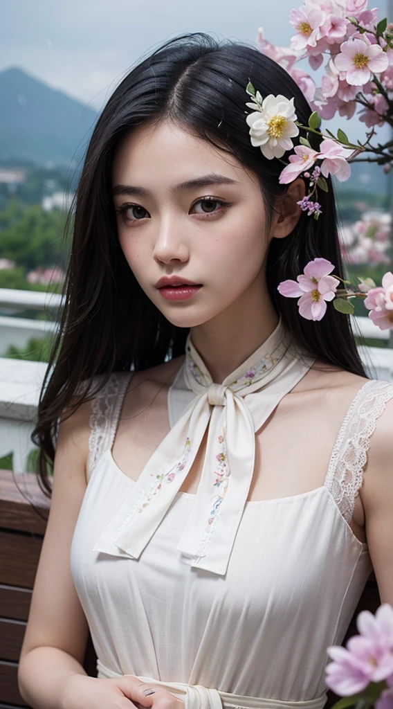 1 girl, Close-up of upper body portrait, black hair, flowing hair, Hazy beauty, Extremely beautiful facial features, Purple embroidered dress, Hairpin on the head, Lie in the flowers, hands on face, perfect anatomy, white flower, (spring, rain, Terraces, Mountain), Simple vector art, Chinese contemporary art, soft light, tangled scarf, look down