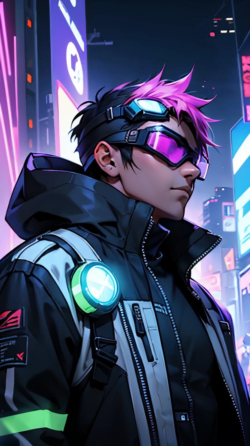 cyber punk,musicians,short haired man,wide angle lens,expressive,look up,Laser hologram,Jacket with hood,goggles