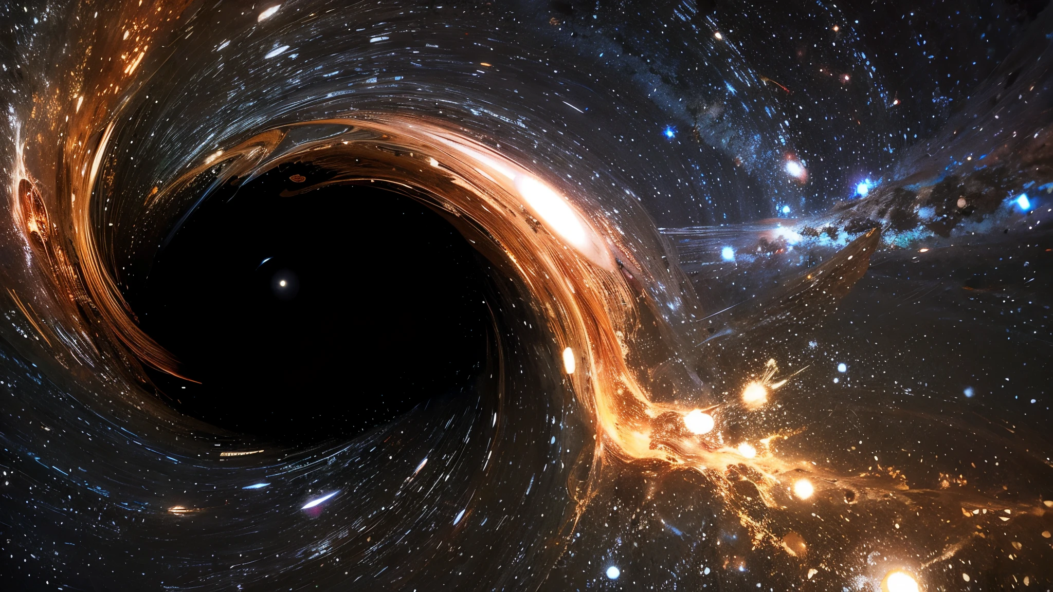 arafed image of a black hole in the center of a galaxy, inside of a black hole has two stars shining, coming out of a black hole, traveling into a blackhole, black hole in space, black hole event horizon, worm hole, interstellar black hole, is being drawn into a blackhole, black hole time portal, black holes, very realistic, 16k resolution