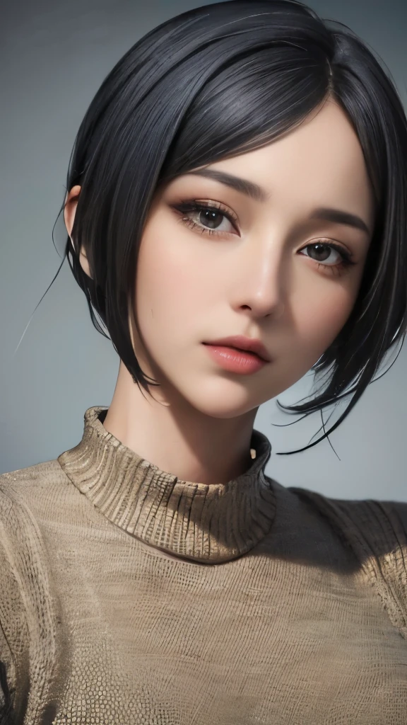 (masterpiece:1.3), (8K, realistic, RAW photo, highest quality: 1.4), (1 girl), beautiful face, (realistic face), (black hair, short hair:1.3), beautiful hairstyle, realistic eyes, beautiful and fine eyes, (realistic skin), beautiful skin, (sweater), disorganized, Charm, ultra high resolution, surreal, very detailed, golden ratio、(full shot)