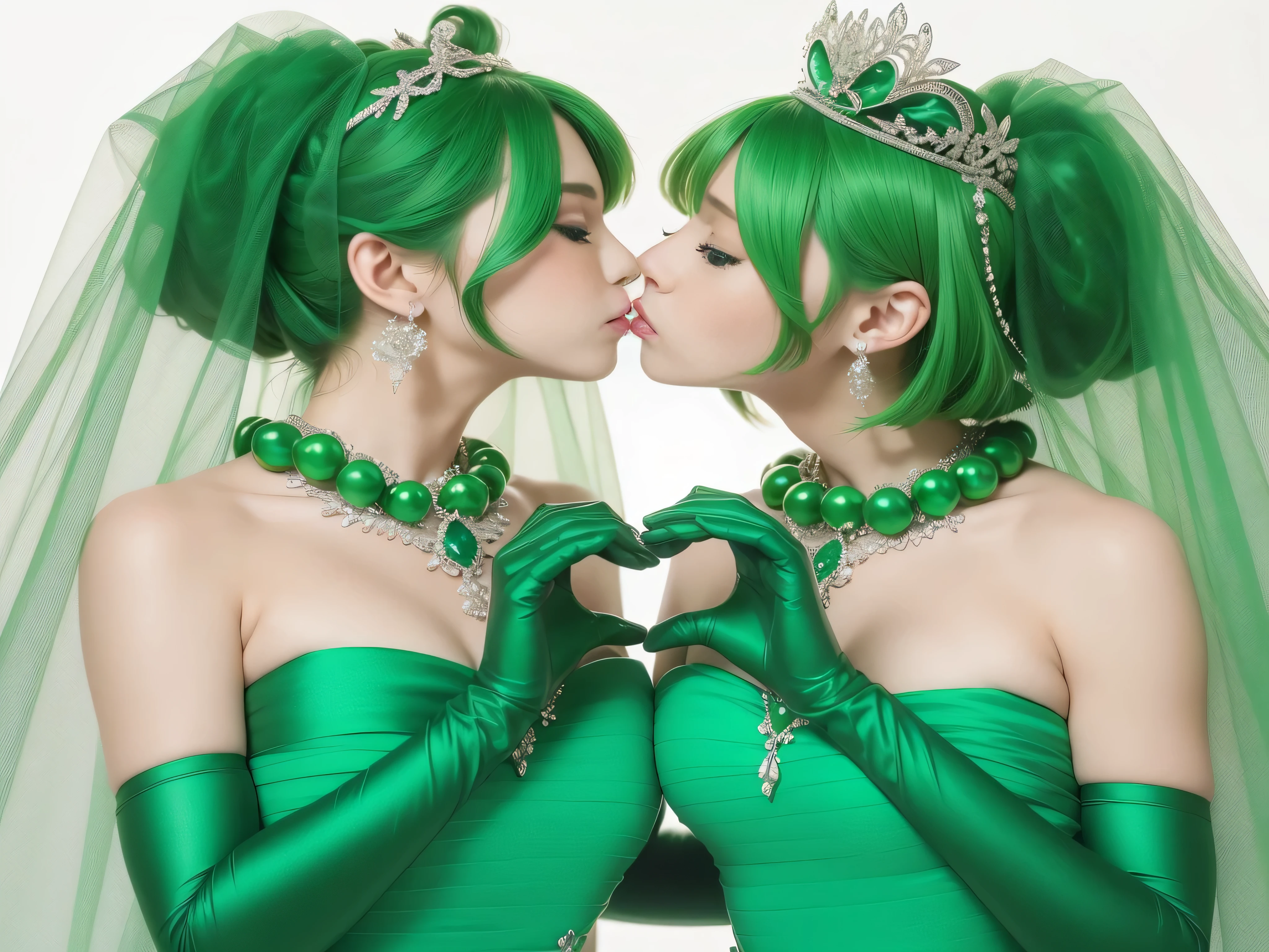 High resolution、Super detailed、(1 girl:1.3), 教会でkissをする二人の女性, Green Satin Long Gloves, Green Wedding Dresses, Green shorthair, lipstick, kiss, bride, green pearl necklace, ボーイッシュなGreen shorthair, lesbian、口から口にkiss, High quality film stills, Sexy lesbian couple make, Passionate, green one piece, Green Bridal Veil, green pearl necklace, heart with both hands, heart shaped hand, big breasts