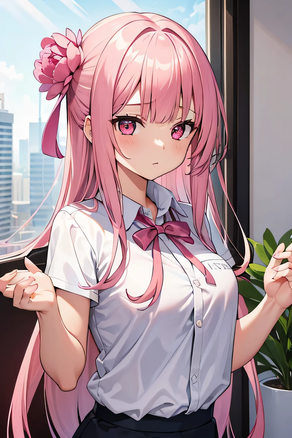 1girl, pink hair, red eyes, medium breasts, uniform, classroom, bare shoulders,