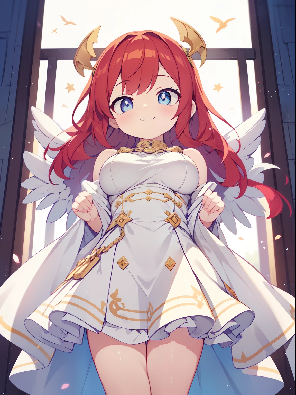 (angel girl:1.2), (1 person:1.2),( girl)、young girl、big breasts、 nffsw、shader、highly detailed eyes、big breasts、loose and fluffy long hair,,、side boob、Glossy cleavage、redhead、angel wings、silky hair、Angel attire(White thin fabric、plain colors、mini skirt、plain colorsのシルク手袋)、very complex eye pupil、highest quality、bright colors、Bust 100、rests、Standing picture of the game、Stirring composition、Composition looking up from below、Lift your with your hands、Pose that emphasizes the chest、fold your arms、grinning expression、eyes half closed、open your mouth、stinky eyes、evil face、Bullish smile、fold your hands behind your back、Hide your hands、evil smile、whole body、美新new、god々new
