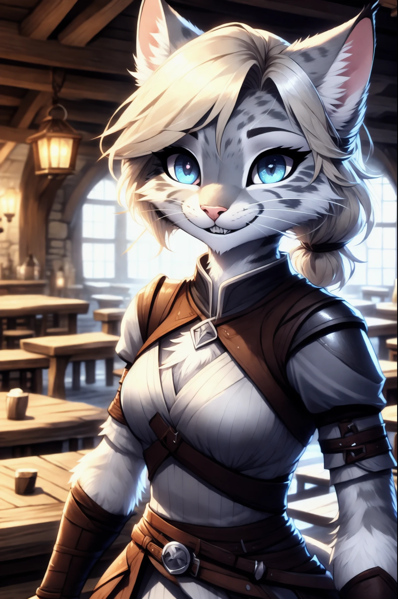 Kat, opal eyes, short blonde hair, pony tail, tall and slender body, silver fur, pink nose, white whiskers, silver fur, tall slender body, indoors, in a tavern, wearing rogue garbs, fingerless leather gloves, grinning, feline teeth, portrait, close up, beautiful eyes