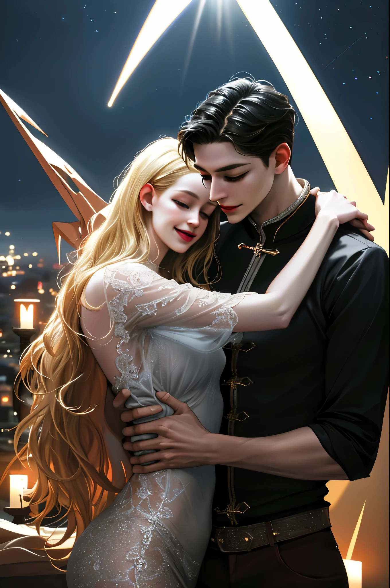 (absurdres, highres, ultra detailed), 2others, couple, 1man with 1woman, mature, Height difference, different hair color, happy, love, hug, upper body, long hair, black hair and blonde hair, fantasy, night