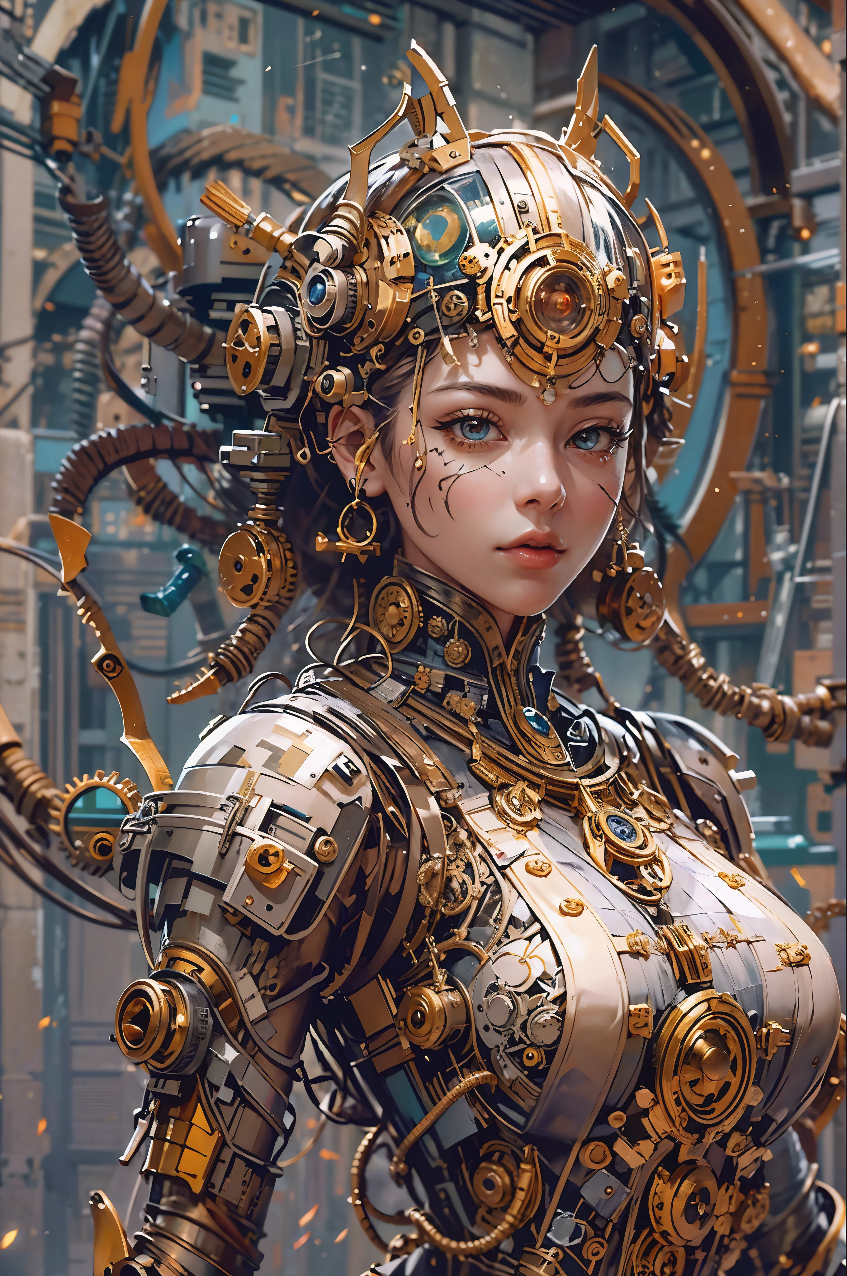 meccog, full shot, full body, Best quality, masterpiece, ultra high res, (photorealistic:1.4), absurdres,cinema lighting, (a best long shot photo of a mechanical girl),(koh_amberheard:0.9), insanely detailed face, fantasy scifi creature, hyper realistic, steampunk, intricate design, insanely detailed, fine details, Craft a portrait of a futuristic girl warior, depicted in ultra-high resolution with a balance of light and shadow to create an impressive visual depth. The artwork should be gallery-quality, on par with masterpieces by renowned artists. Cyberpunk warrior, red white and orange is dominant color. The girl warior is the epitome of Kimono style, with eyes that are central to the composition. Their cosmic, space-like qualities with uniquely colored sclera and youth style, fractal designs suggest advanced technology or a futuristic leap in evolution. The intense and focused gaze should command immediate attention. The girl face features subtle facial markings or tattoos that tell a story of bravery and valor. The tattoo showcases a cleavage design that blends futuristic aesthetics and functionality. Include a detailed full-body close-up that accentuates the warrior girl futuristic nude attire, conveying readiness for an interstellar confrontation. The portrayal should be powerful and inspiring, signifying the warrior girl role as a pre-eminent warrior of future warfare