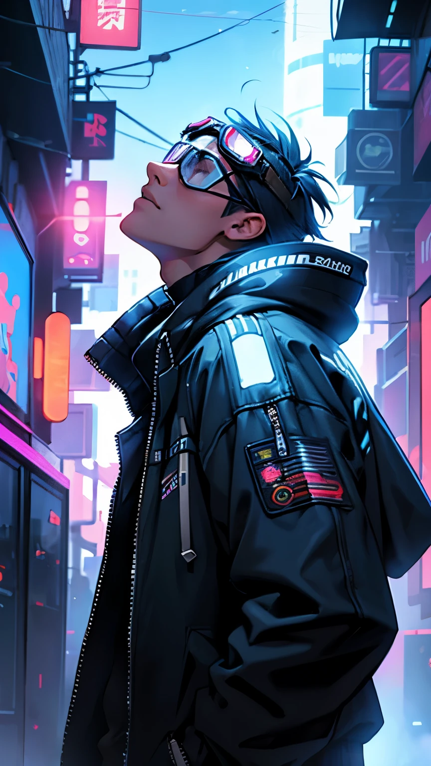 cyber punk,musicians,short haired man,wide angle lens,expressive,look up,Laser hologram,Jacket with hood,goggles