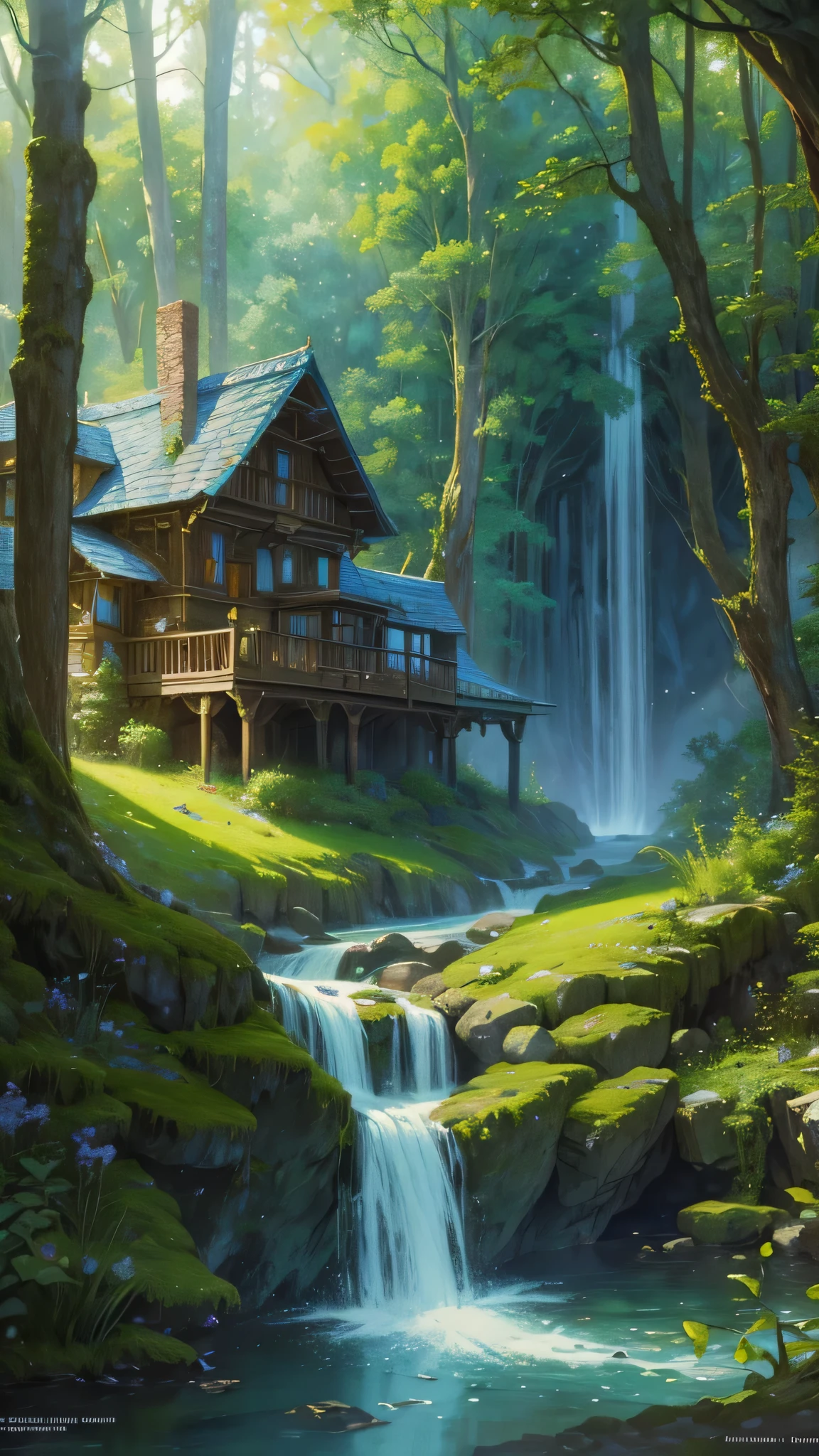 A painting depicting a house in a forest with a river flowing through it.., fantasy tavern background, highly detailed fantasy art, dark fantasy setting, a multidimensional cozy tavern, kerem beyit, tavern background, fantasy setting, cosy enchanted scene, beautiful render of a fairytale, enchanted magical fantasy forest, magical environment, realistic fantasy illustration, very realistic concept art