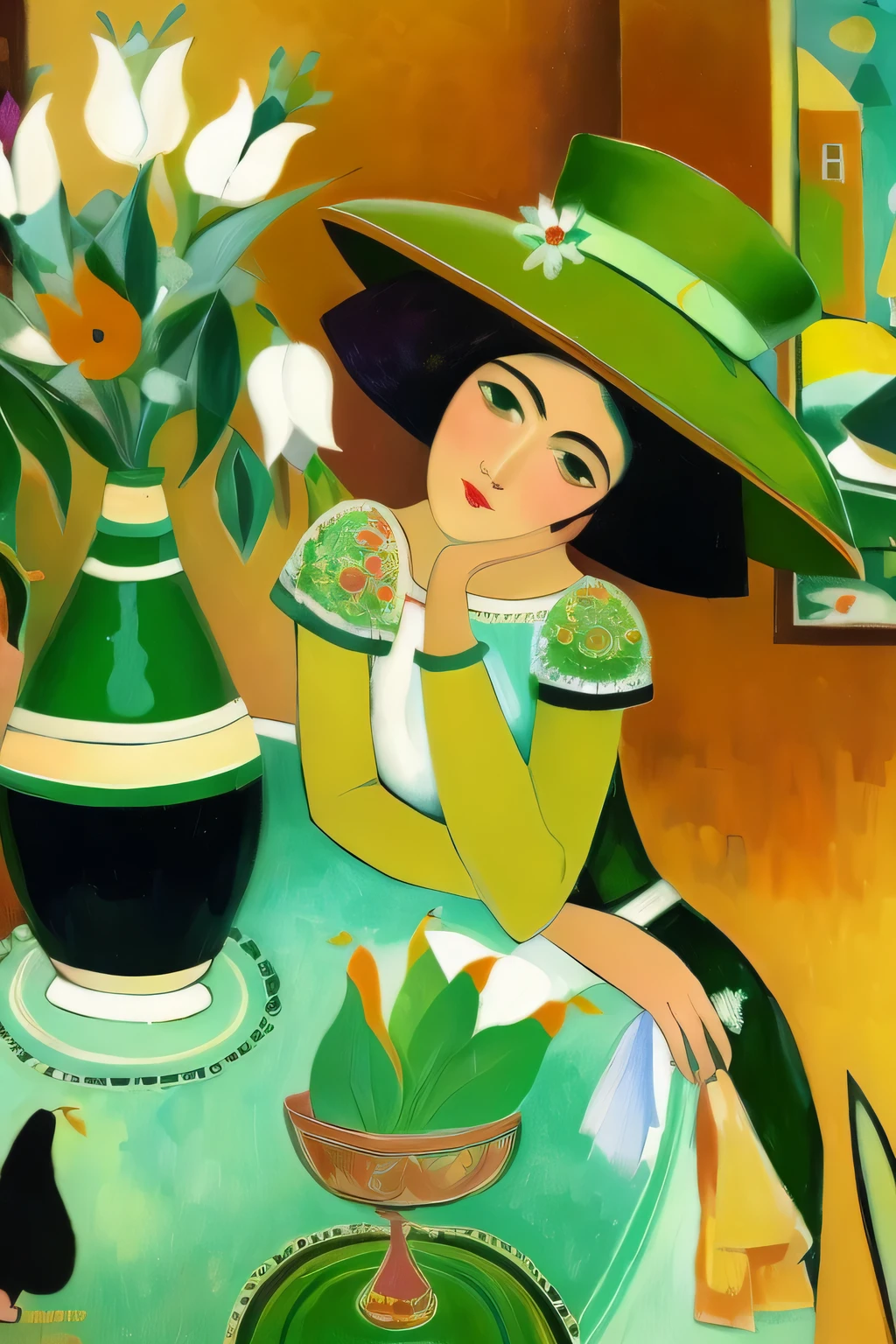 painting of a woman in a green hat sitting at a table with a vase of flowers, Catarina Nolin, Direction: Camila Bombois, Not Paul Gauguin's style, inspired Direction: Camila Bombois, elegante, inspired by Natalia Goncharova, inspirado em Irma Stern, No estilo de Henri Rousseau, inspirado em Georges Emile Lebacq