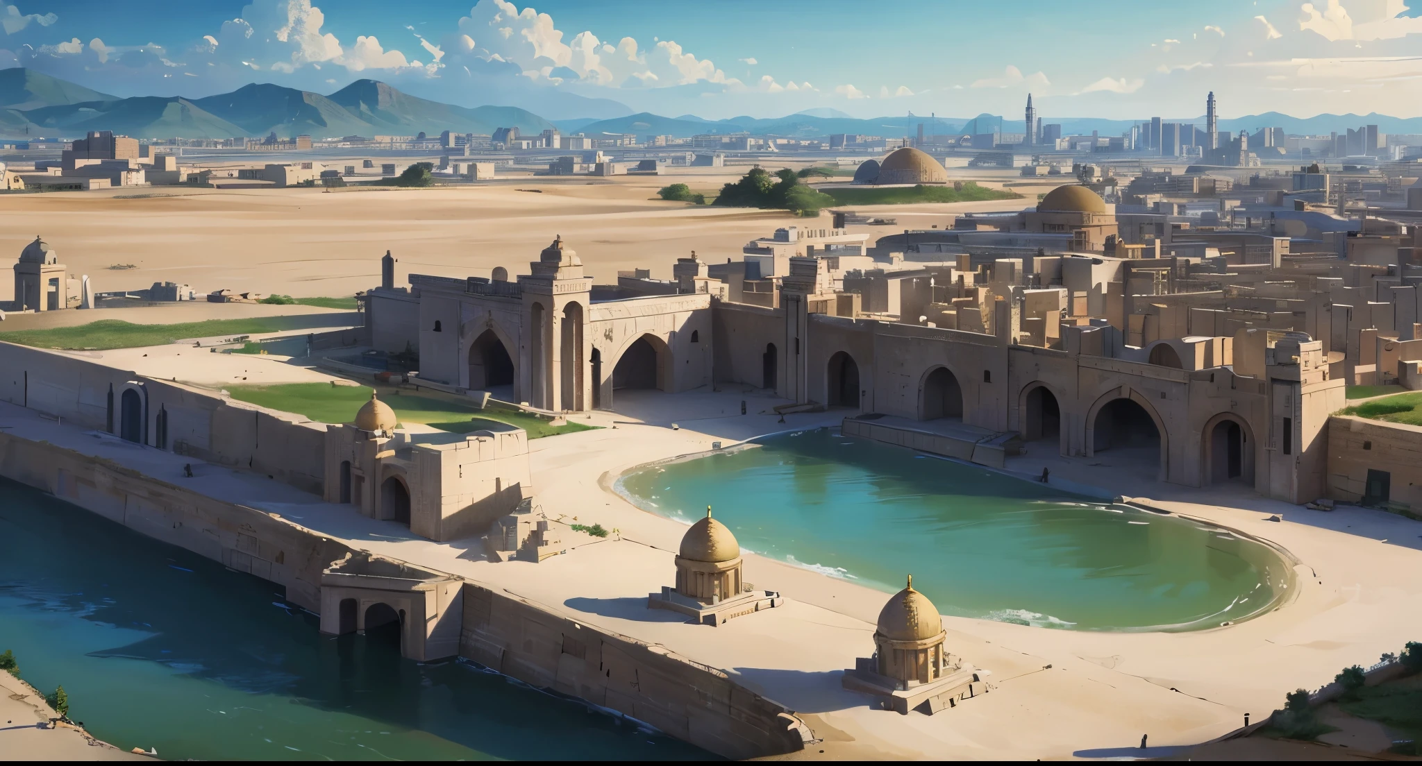 Aerial view of a city in ancient Babylon, con piramides escalonadas gigantes en el fondo en la era del rey Nabucodonosor, ciudad en los tiempos de la Biblia, papel tapiz impresionante, ciudad de babilonia, babylonian village, Foto hiperrealista de una ciudad, velha babylonian village, por Raymond Han, noche lluviosa , Castillo Antiguo, con rayos de sol, Handsome and aesthetic, Photography, cinematographic, ellos 8K