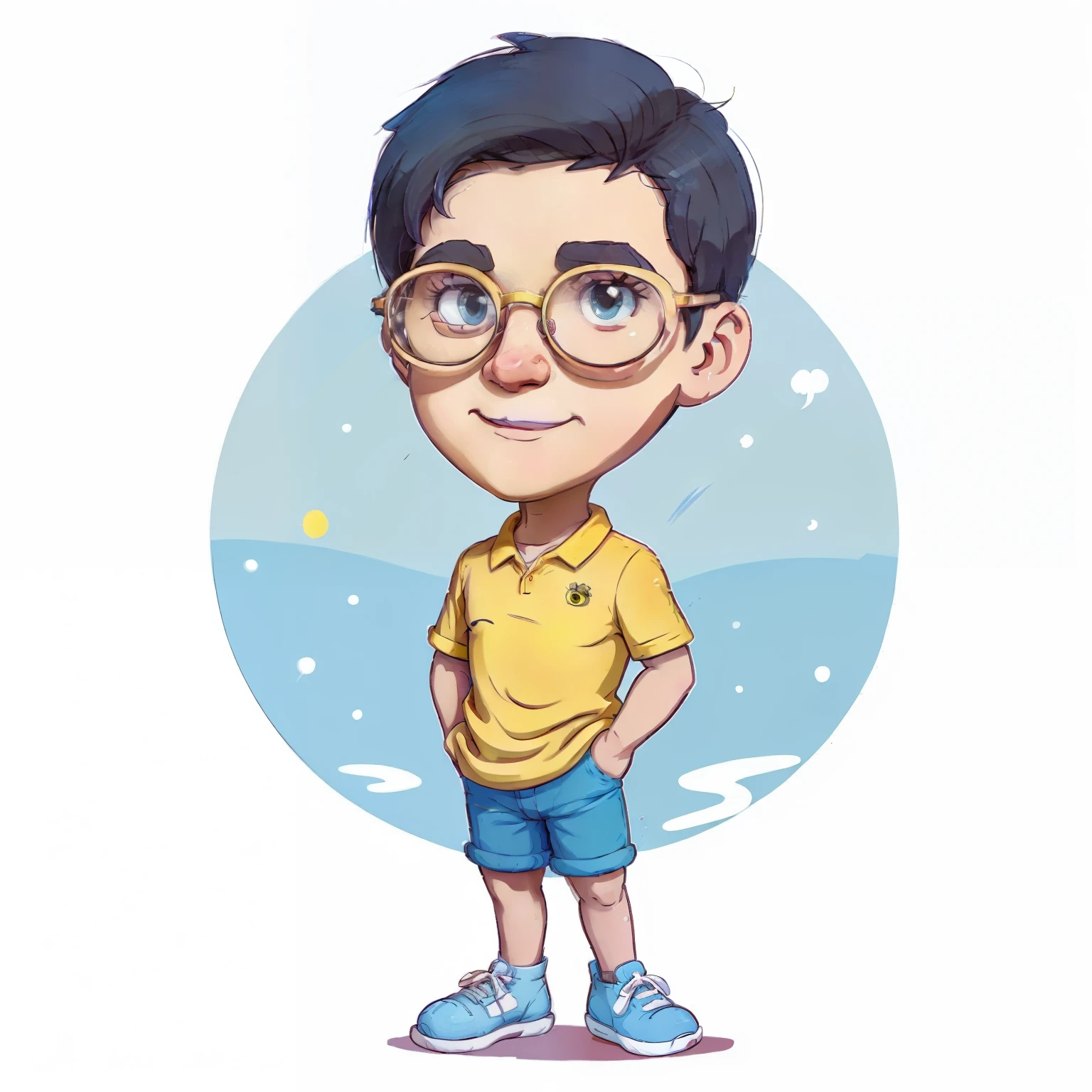 cartoon boy with glasses and a yellow shirt standing in front of a blue circle, cartoon artstyle, cartoon style illustration, in cartoon style, cute cartoon character, character full body portrait, cartoon art style, full body character portrait, official character illustration, full body portrait of a short!, cartoon portrait, character portrait of me, cute cartoon style, high quality character design