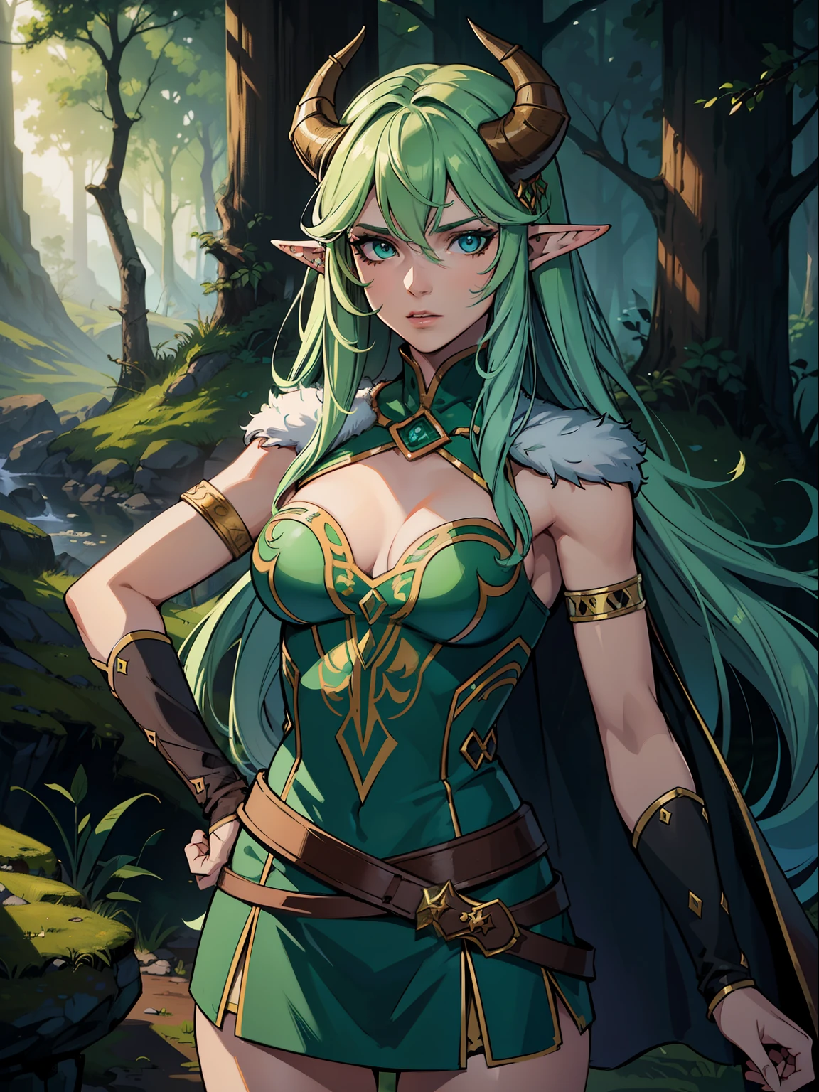 (masterpiece, Digital Art, Digital Illustration, 4K, 8K, Ultra-detailed, beautiful image, Sharp Image, Photorealistic, Raw photo, Perfect face, Perfect lines, Perfect eyes, Soft lighting), (((solo))), ultra detail, RPG, Dungeons&Dragons, medieval, fantasy, white skin, miniskirt, woman, determined, mature, hero, elven druid green long hair, green tribal clothes made of animal leather and fur, septum piercing, bright eyes, hair tribal ornaments, green face paint, ram horn, in a very dark forest, ((((medium breasts)))), upper body focus
