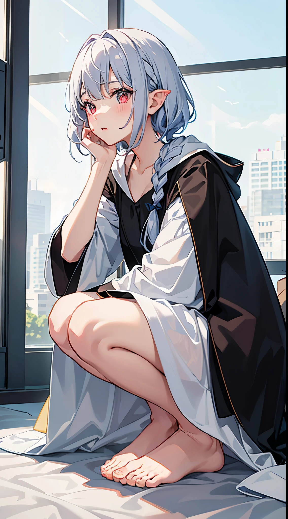 ((put both hands on your face)), ((surprised)), ((facing forward)), (blush), One girl, elf, silver hair, Red eyes, bob haircut, braided hair, fantasy costume, magician, frill, bathrobes, long skirt, tights, black cloak, in room, on the knees, Conceptual art, beautiful anime scene, beautiful anime scenery, masterpiece, top quality, 4K