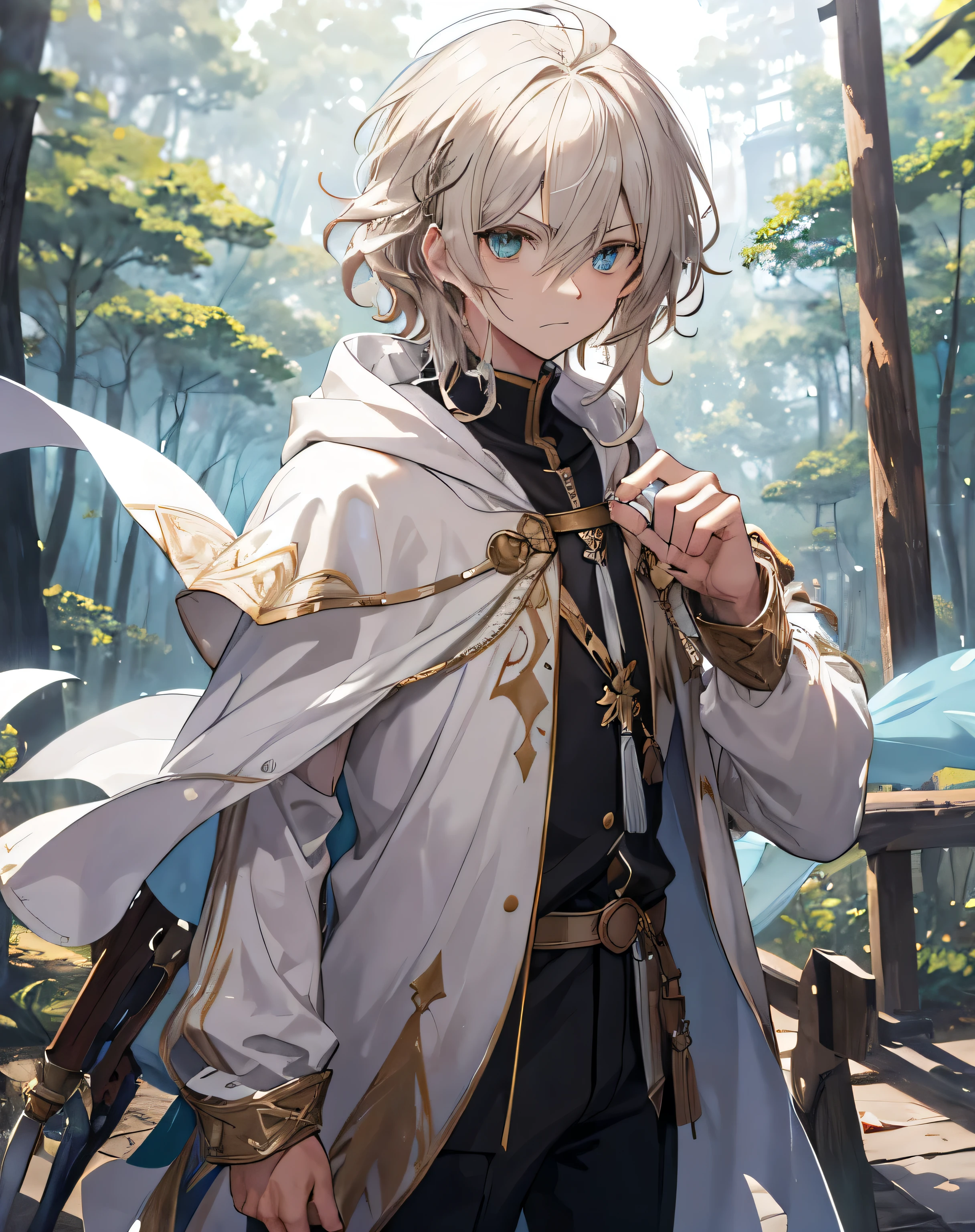 masterpiece, 1men, sparrow, a silver blonde haired men, wearing a medieval villager clothes, curly medium hair, messy hair, slim body, wearing golden capelet with white hoody, he close her left eye, shirt ornament, angry expression,  aqua eyes, stand at forest, ahoge, he wearing her hoody, 