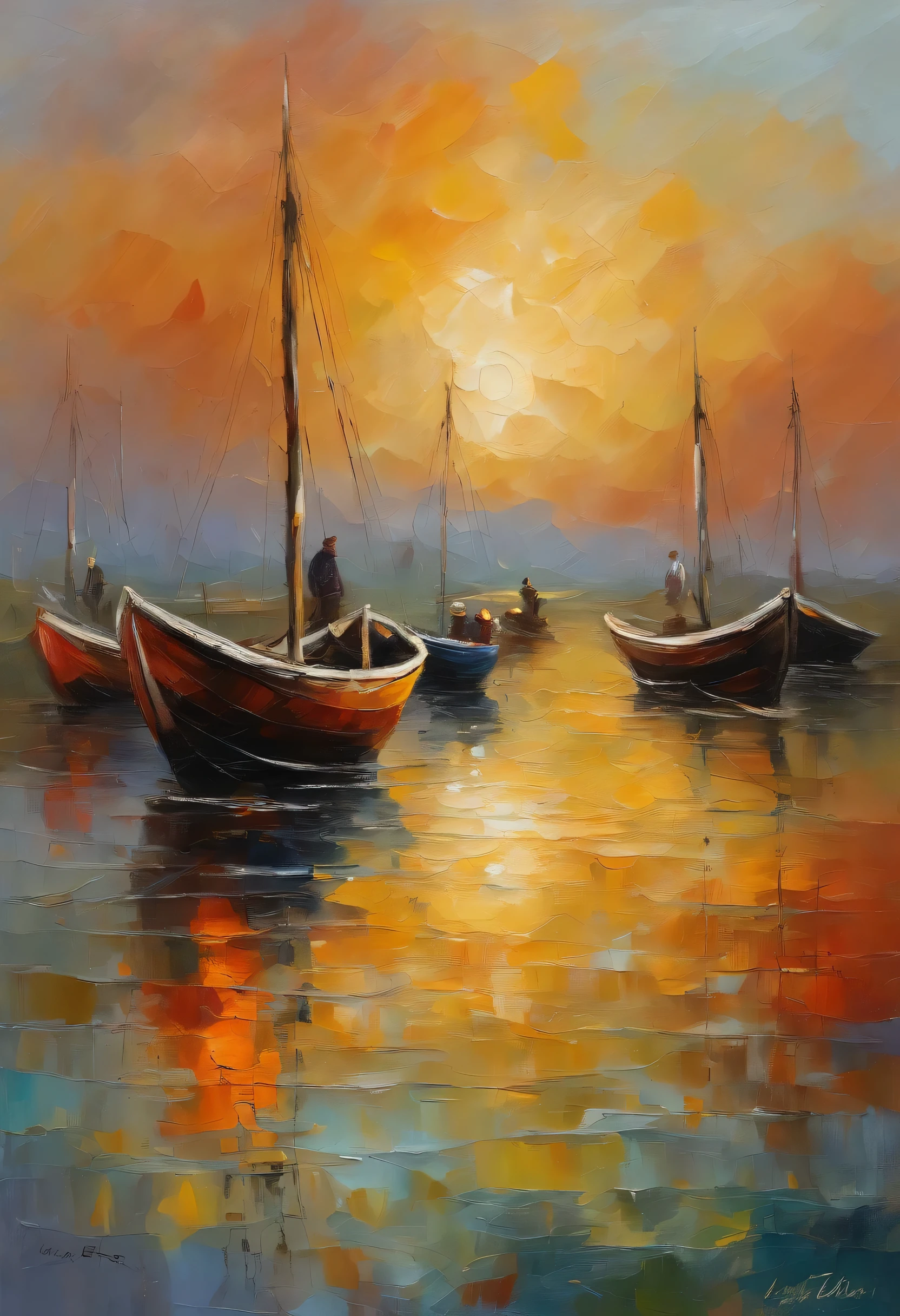 painting of fishermen boats at sunset, several fishermen's boats anchored in the river and on the sand, reflexo dos barcos no rio calmo e suave, ondas pequenas, Bucolic art, Pintura detalhada 4k, oil painting of a real image, Epic painting, cheio de cores e detalhes ricos, canoas com peixes de pesca, Detailed oil painting in 8K HD, epic surrealism oil painting 8k