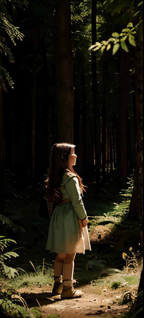 Illustration for a fairy tale about a girl, standing in the forest, who knows how to talk to animals